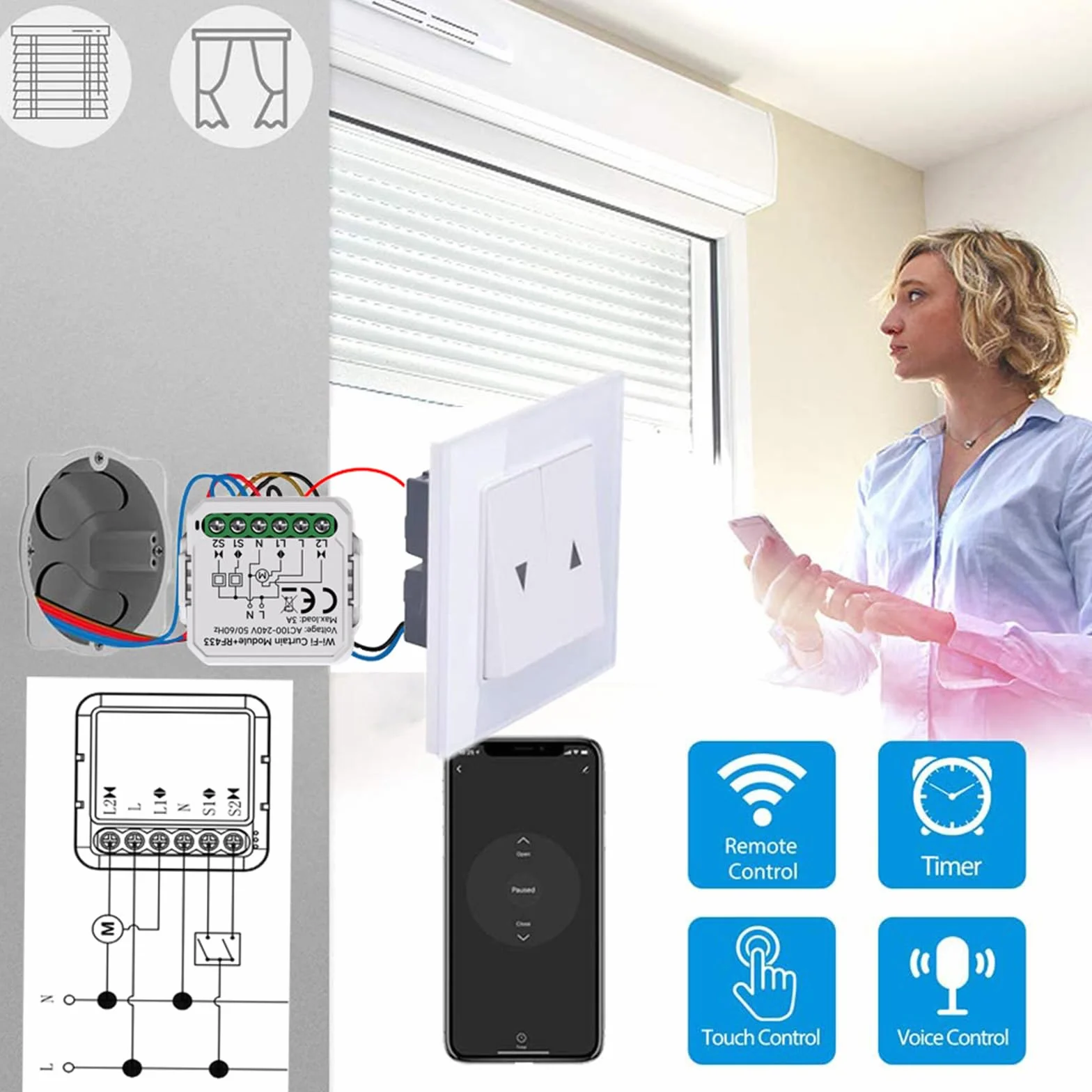 2 unidades de módulo de interruptor inteligente RF WIFI para persianas con control remoto RF de 433 MHz, adecuado para persianas, cortinas enrollables, toldos. Compatible con Alexa/Google Home