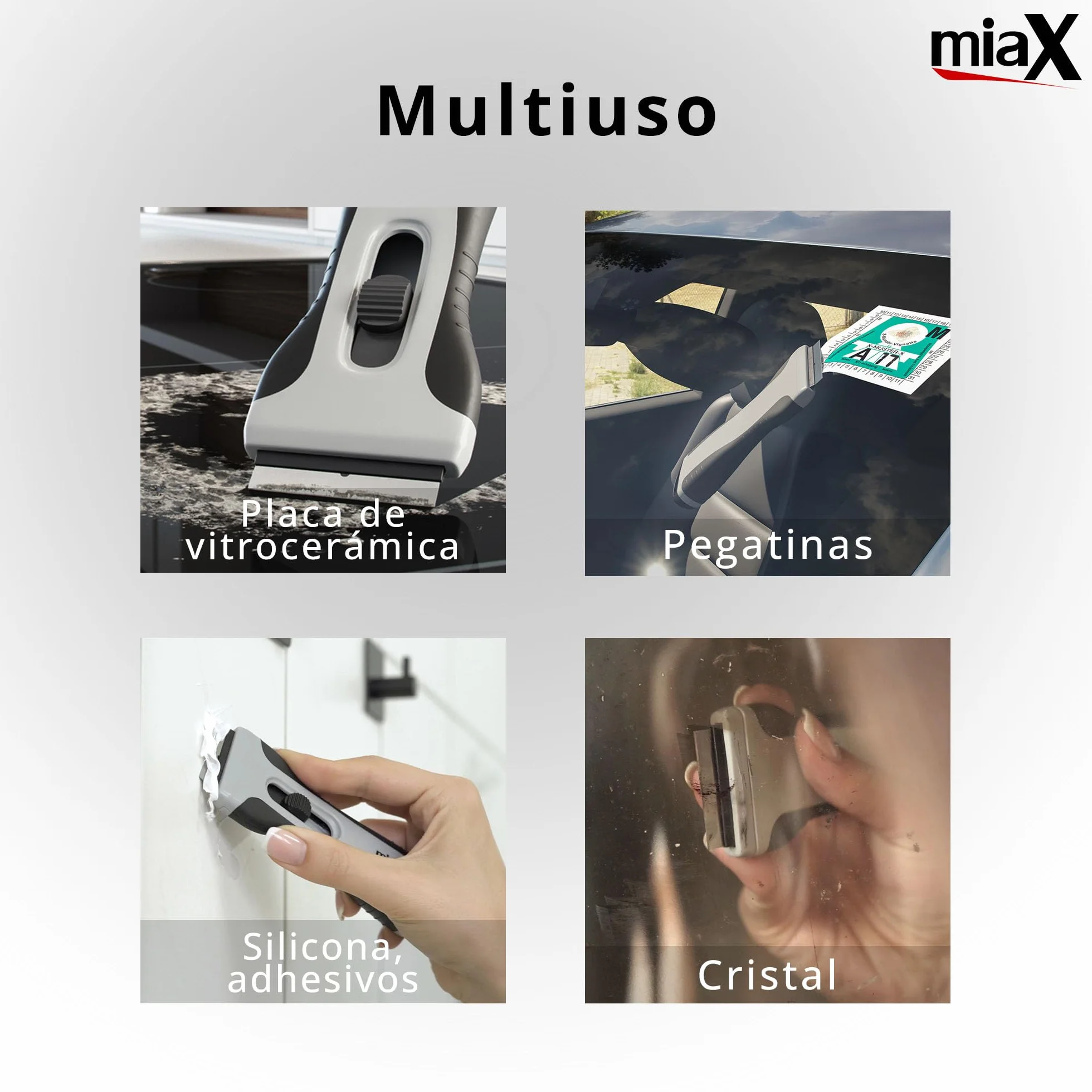 miaX Rasqueta Vitrocerámica Profesional Soft-Touch con Cuchillas Integradas | Rascador para cristal, cocina y hogar, cuchillas de repuesto integradas, agarre cómodo, diseño estable