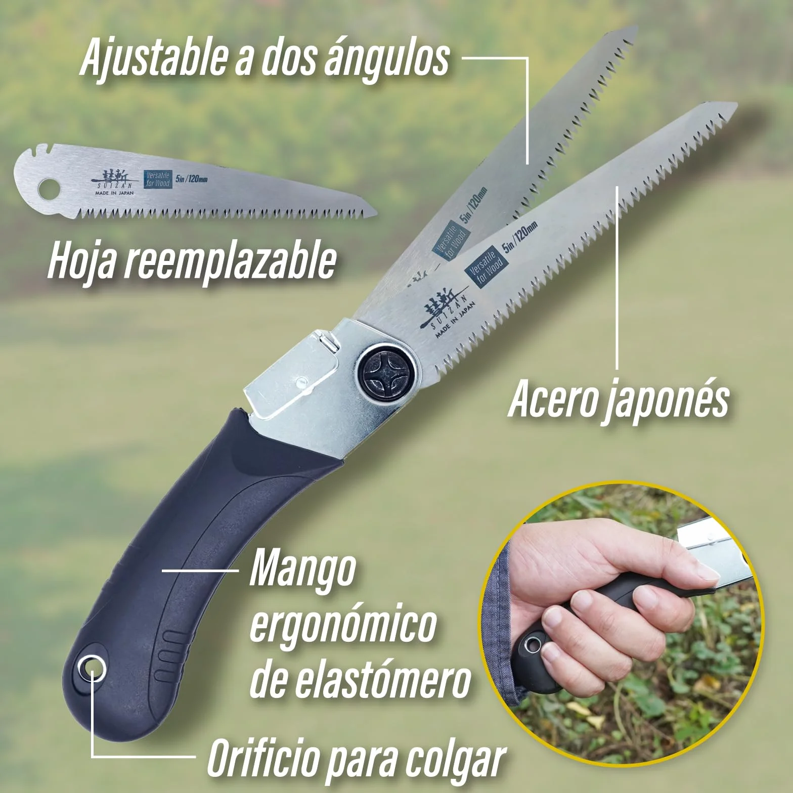 SUIZAN Sierra Plegable Japonesa 120mm Versátil para Madera - Serrucho de Poda Bushcraft Jardinería Carpintería Bricolaje