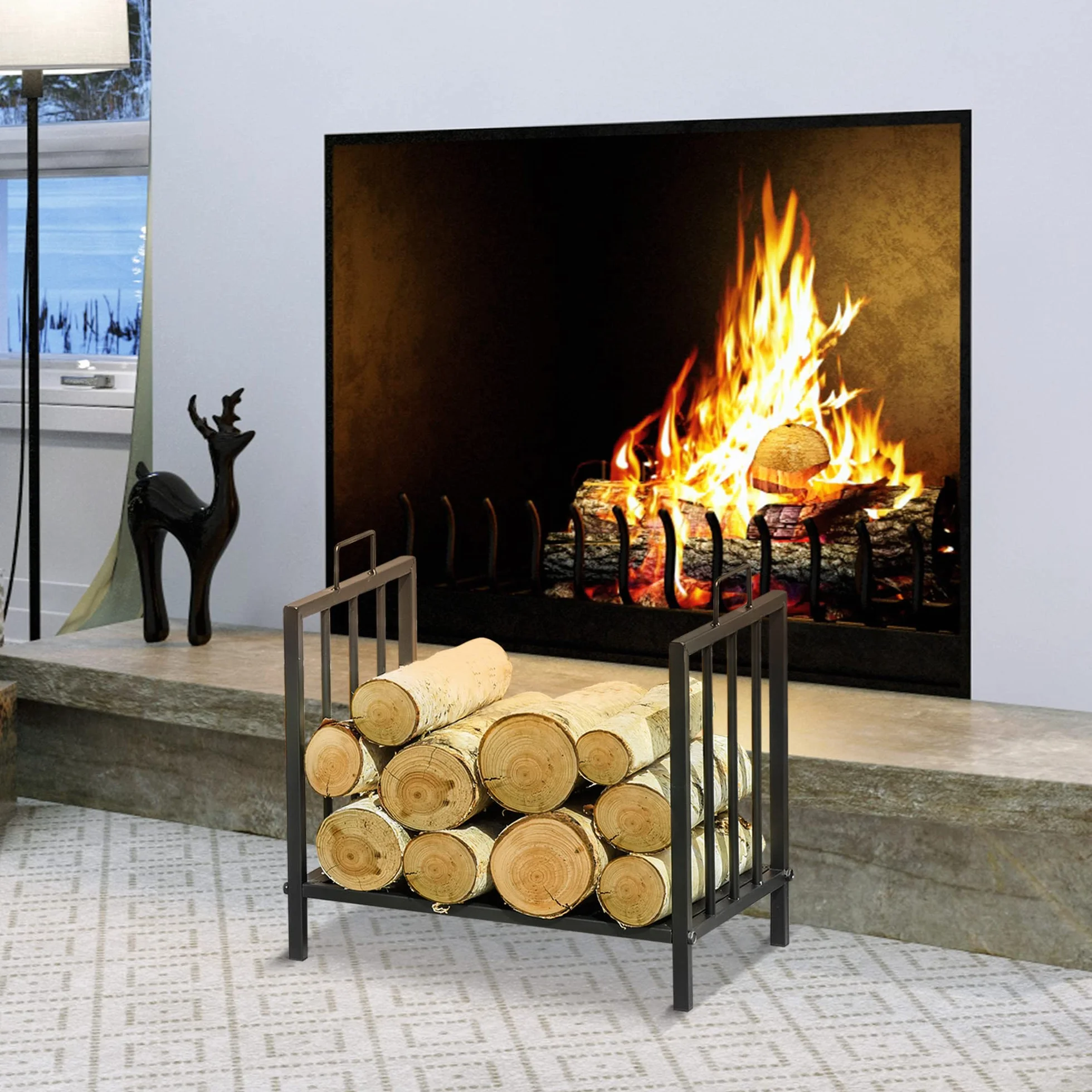 Outsunny Estante de Leña para Chimenea Tradicional Leñero Interior y Exterior Almacenaje para Madera Soporte para Leña con Asas Diseño Elevado 44,5x33x46,5 cm Negro