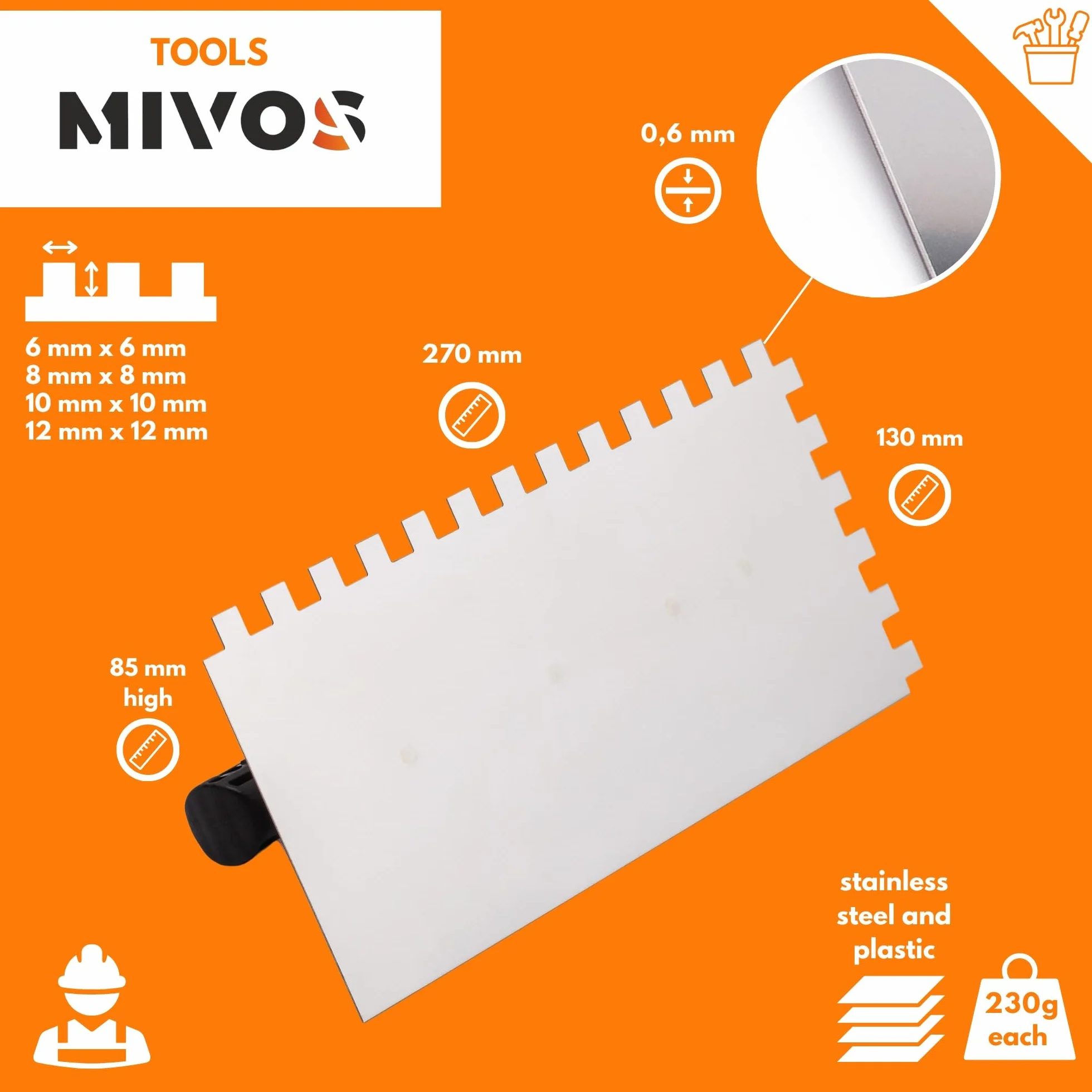Mivos Kit de paletas dentadas de 4 piezas - Paleta dentada de acero inoxidable 6x6 8x8 10x10 12x12 mm - 270 x 130 con mango de plástico - inoxidable - Paleta con reborde - Fabricada en la UE