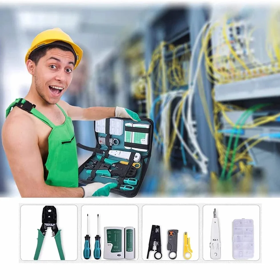 Retoo Juego de herramientas de red profesional 9 en 1, en estuche, comprobador de cables LAN para RJ45, RJ1, kit de comprobación de cables, herramientas de reparación para instalaciones de cables
