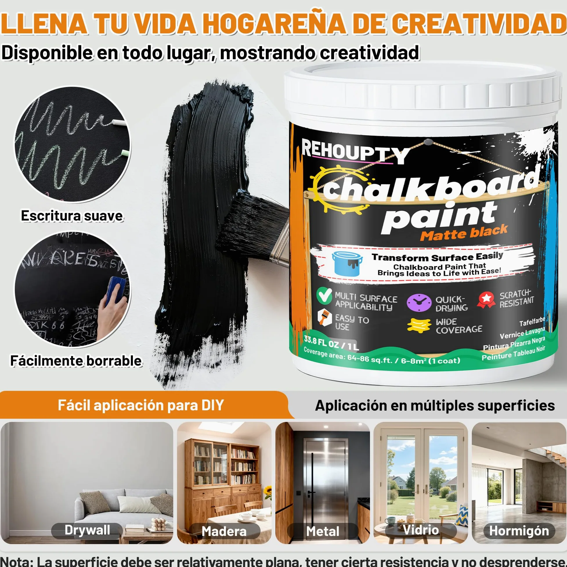 Pintura Pizarra Negra - Pintura Para Pizarrón Negro Mate, 1L Aplicación Fácil Y De Brocha Revestimiento Acrílico, Terminado De Pizarrón Para Madera, Metal, Muebles, Paredes Y Manualidades Cubre 6-8m²