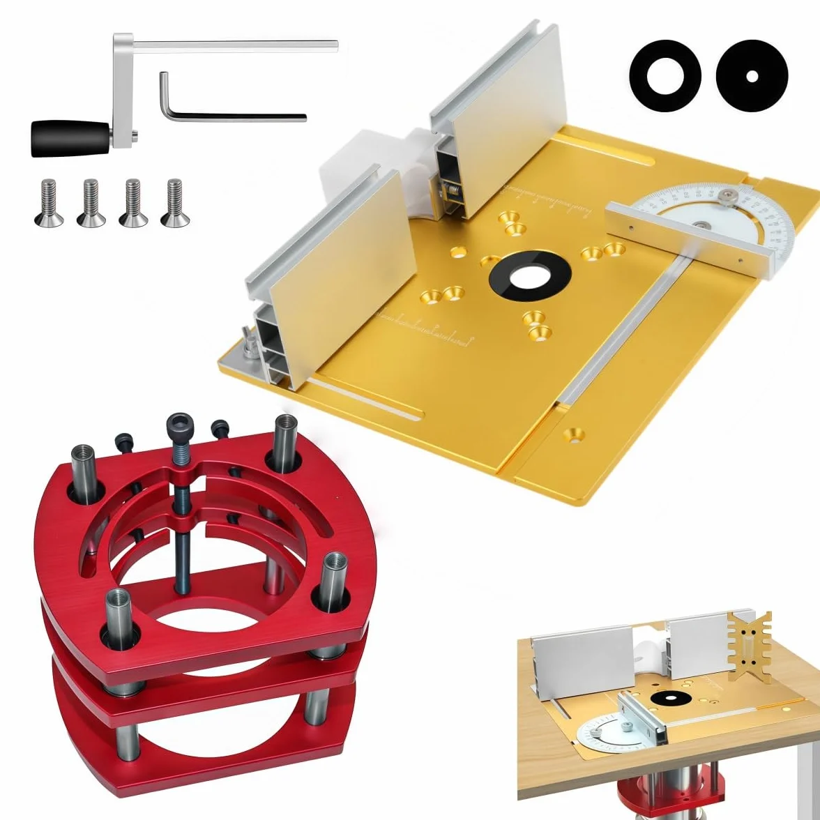 Mesa Fresadora para Madera Aluminio, Sistema Elevación de Mesa para Fresadora Kit, Sujeción de 4 Mordazas Mesa Fresadora, para Carpintería, Ranurado y Recorte (Oro)