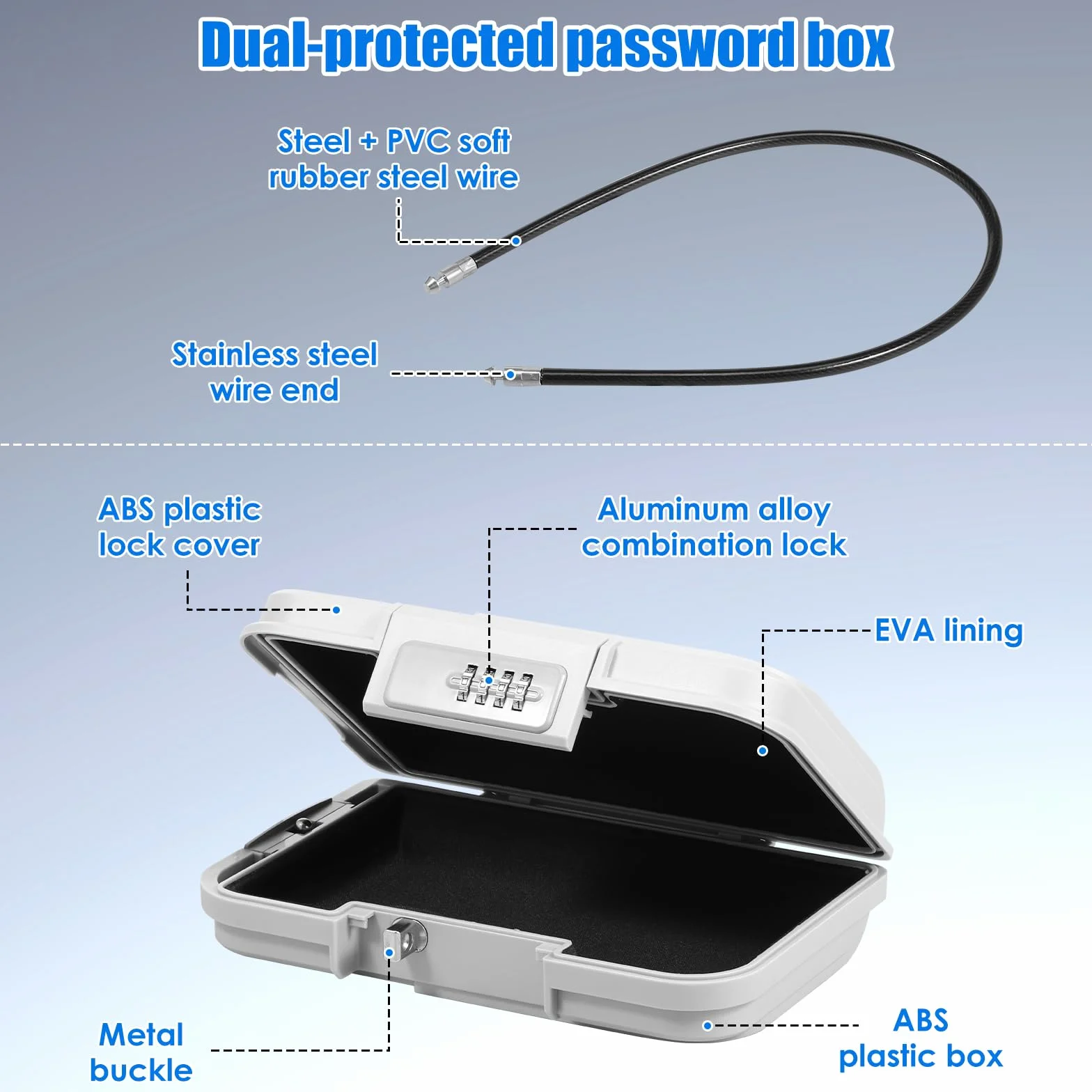 Caja fuerte portátil impermeable con cerradura de combinación de 4 dígitos, resistente a cortes y golpes, cuerda de alambre de 7 mm
