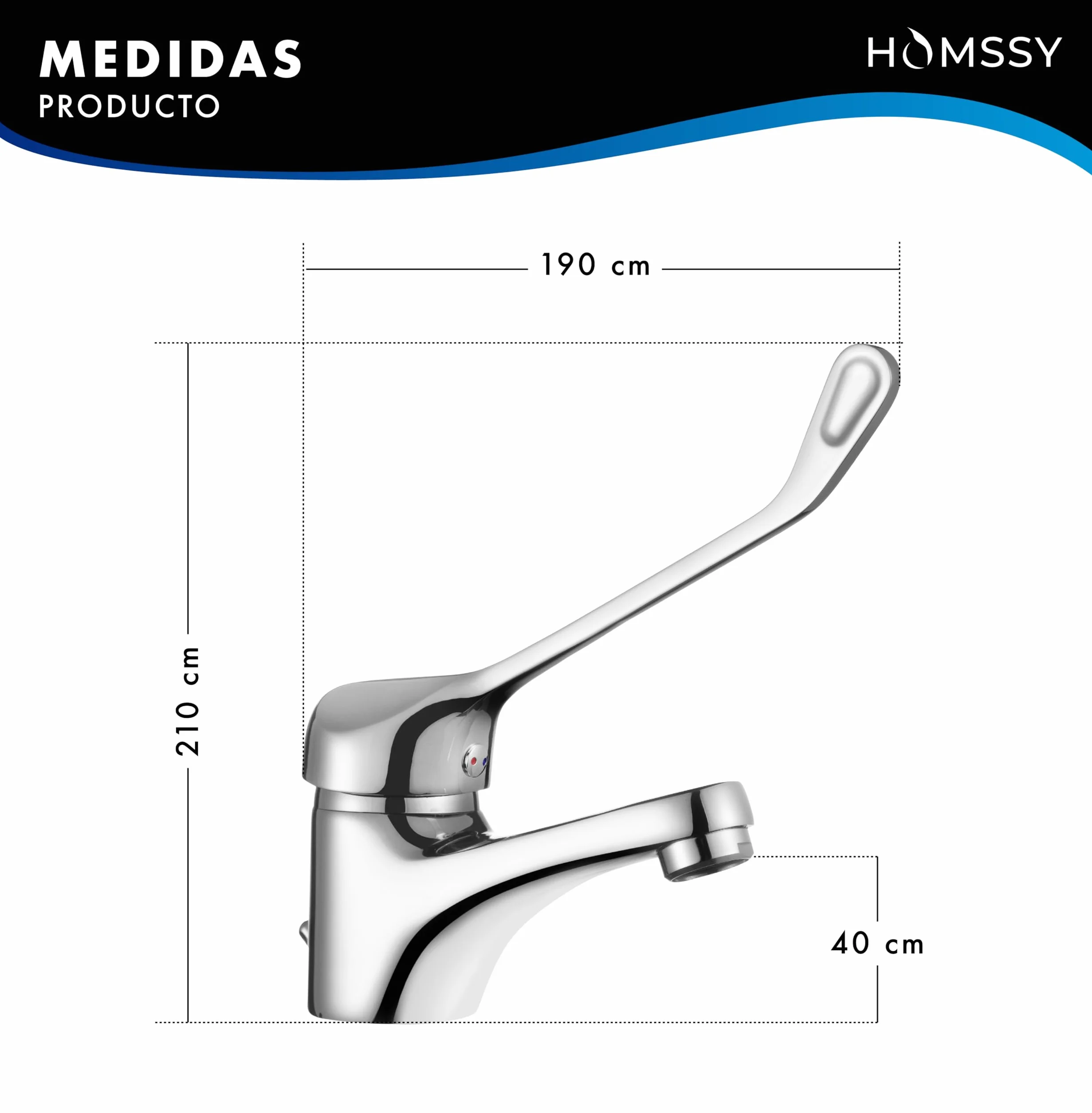 Grifo Gerontológico para Lavabo, Mezclador Monomando de Baño, Grifo Medical con Maneta Higiénica de Codo, Diseño Ergonómico, Acabado Cromado Plata