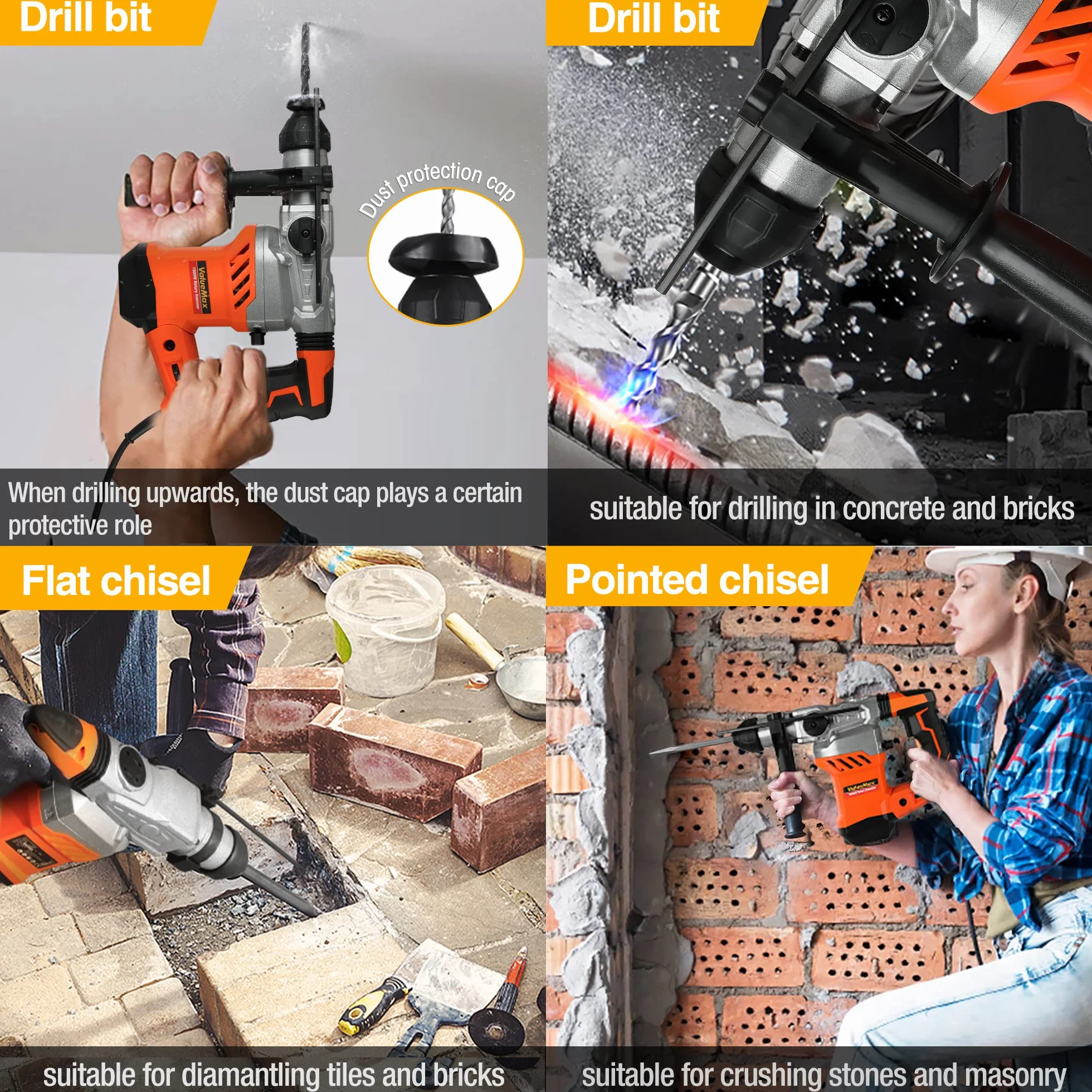 ValueMax Martillo Perforador 3 en 1, Martillo Electrico de 1600W, 0-800rpm, 3 modos y 4 velocidades variables，incluye 3 brocas para martillo perforador SDS Plus, para Hormigón, Metal y Piedra