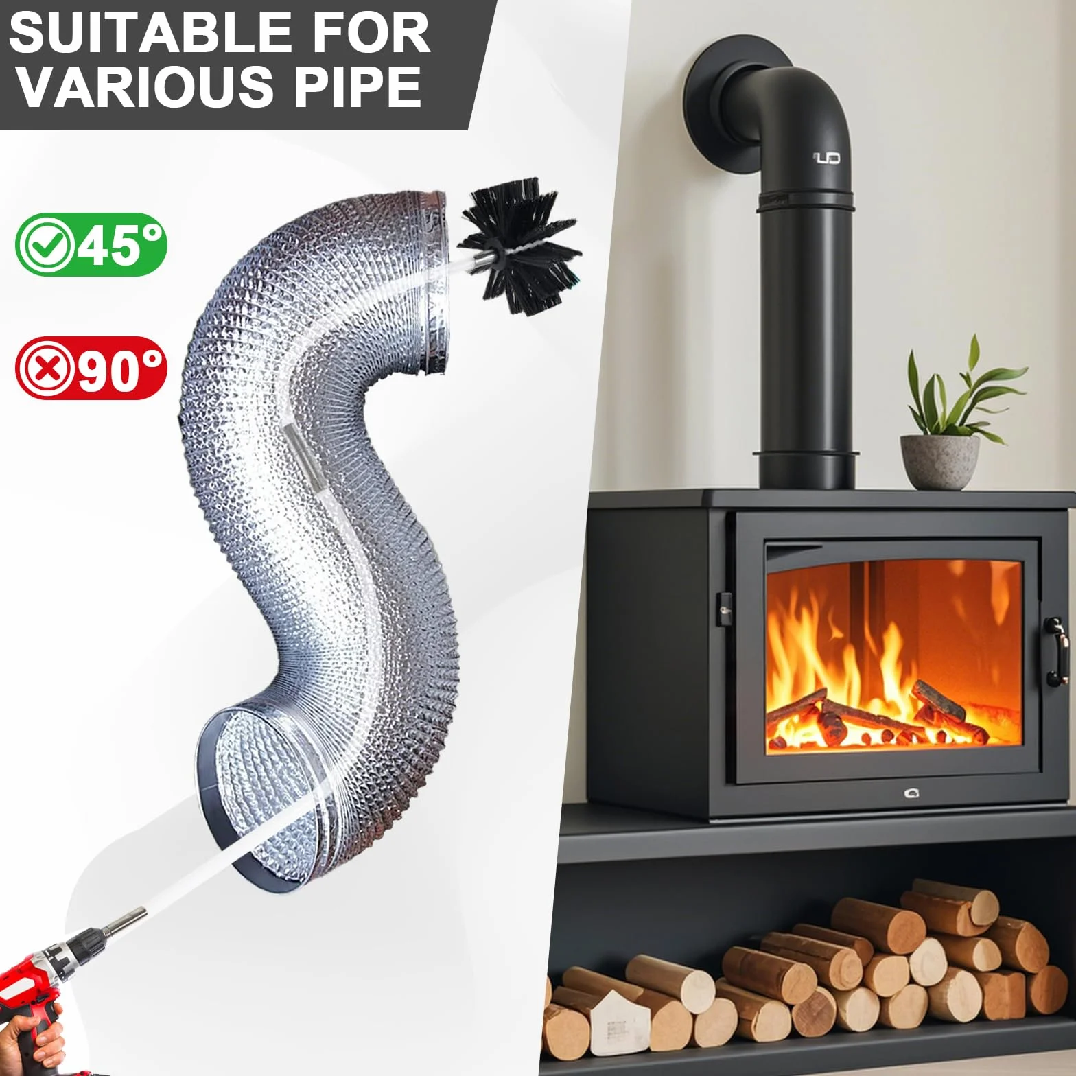 Juego de barra para cepillo de chimenea, 200 mm, cepillo de tubo de estufa con 12 barras flexibles de 410 mm y 2 cabezales de cepillo, cepillo de limpieza para chimenea, tubo de aguas residuales