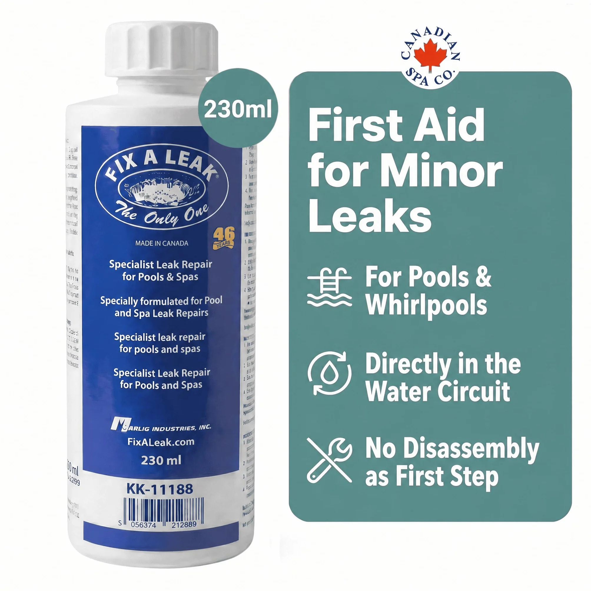 CANADIAN SPA CO. Fix-a-Leak, producto anti-fugas, 230 ml, sellador para piscinas y spas, sella fugas de hasta 3 mm, fácil de usar sin necesidad de desmontar