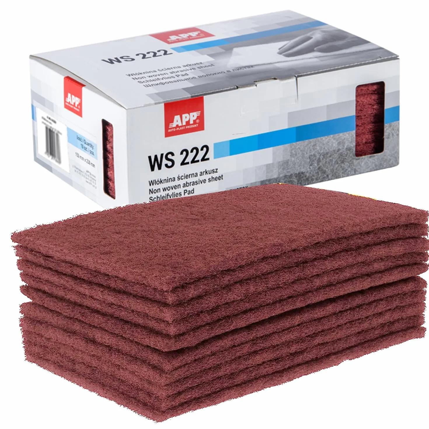 APP WS 222 Estropajo abrasivo no tejido, paquete de 10 (150 x 230 mm), rojo | Abrasivo de vellón grano grueso 320-360 para lijar madera, metal y acero inoxidable