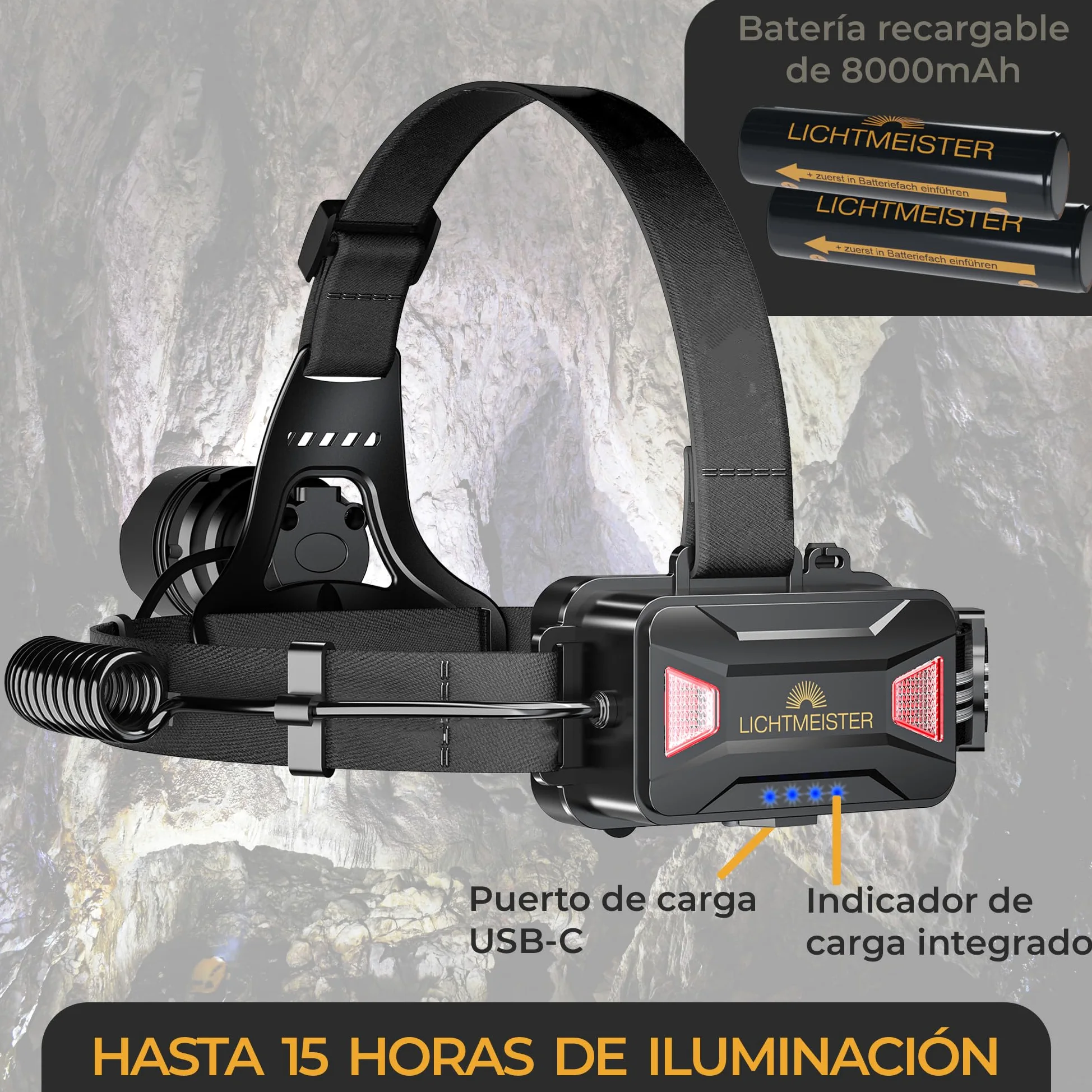 LICHTMEISTER® Linterna (1000 lúmenes, batería de 4000 mAh) – Flash LED alta potencia - Linterna potente recargable y extremadamente brillante (Lámpara de cabeza)