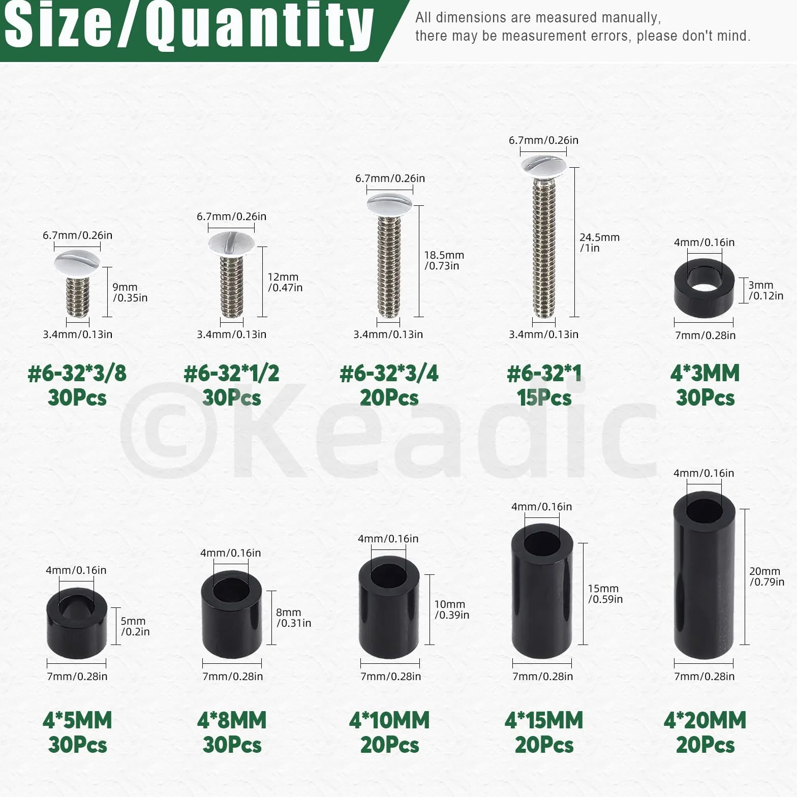 Keadic 245 unidades de tornillos de enchufe eléctrico, espaciadores, surtido, negro, nailon, espaciador, 6-32, tornillos de pared largos, para interruptor, separadores