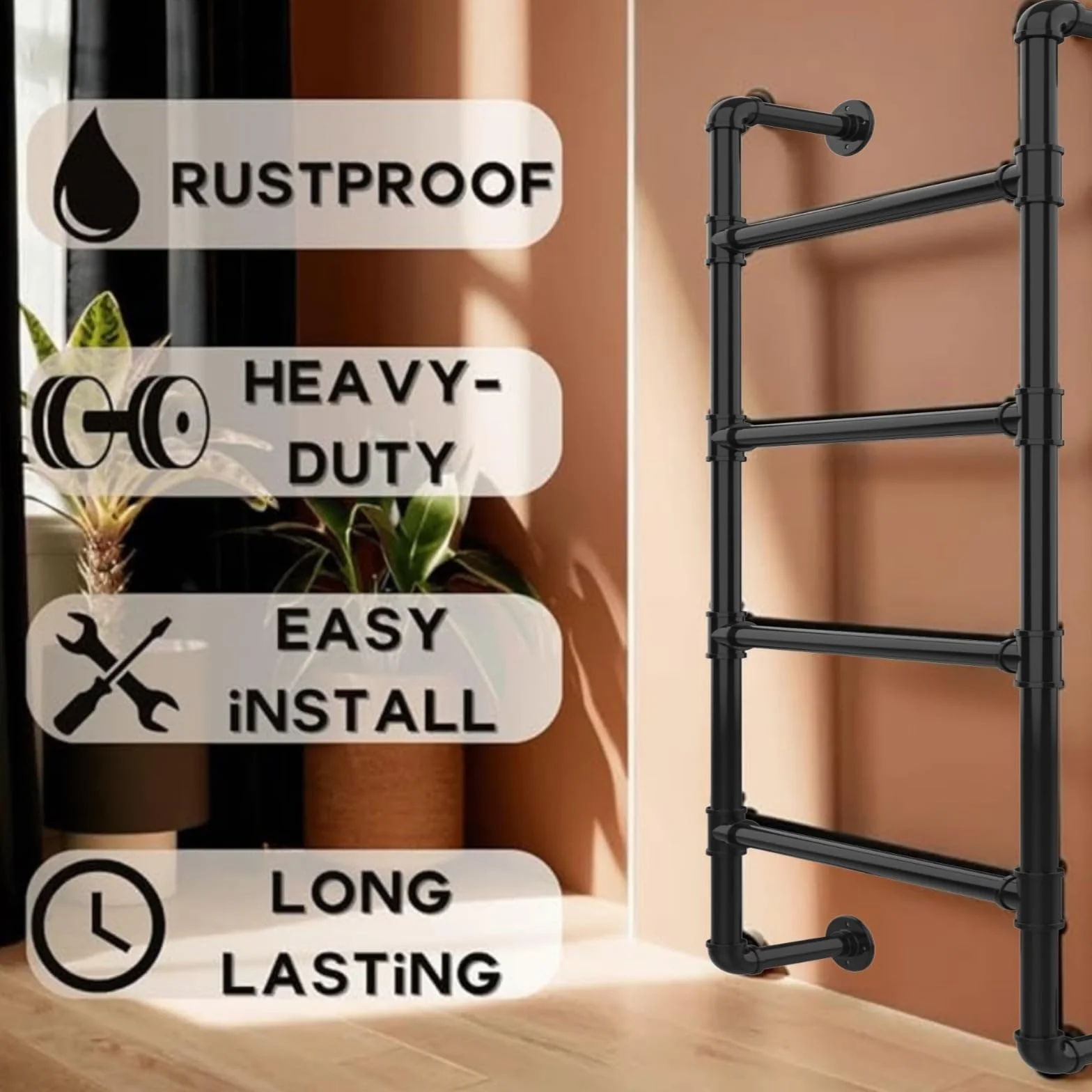 Escalera de 4 Peldaños Montada en Pared para Salida de Emergencia por Ventana de Sótano | Acceso Metálico Fijo con Ganchos para Ático, Caravana y Cama | de Seguridad Fijada a la Pared de Cuatro