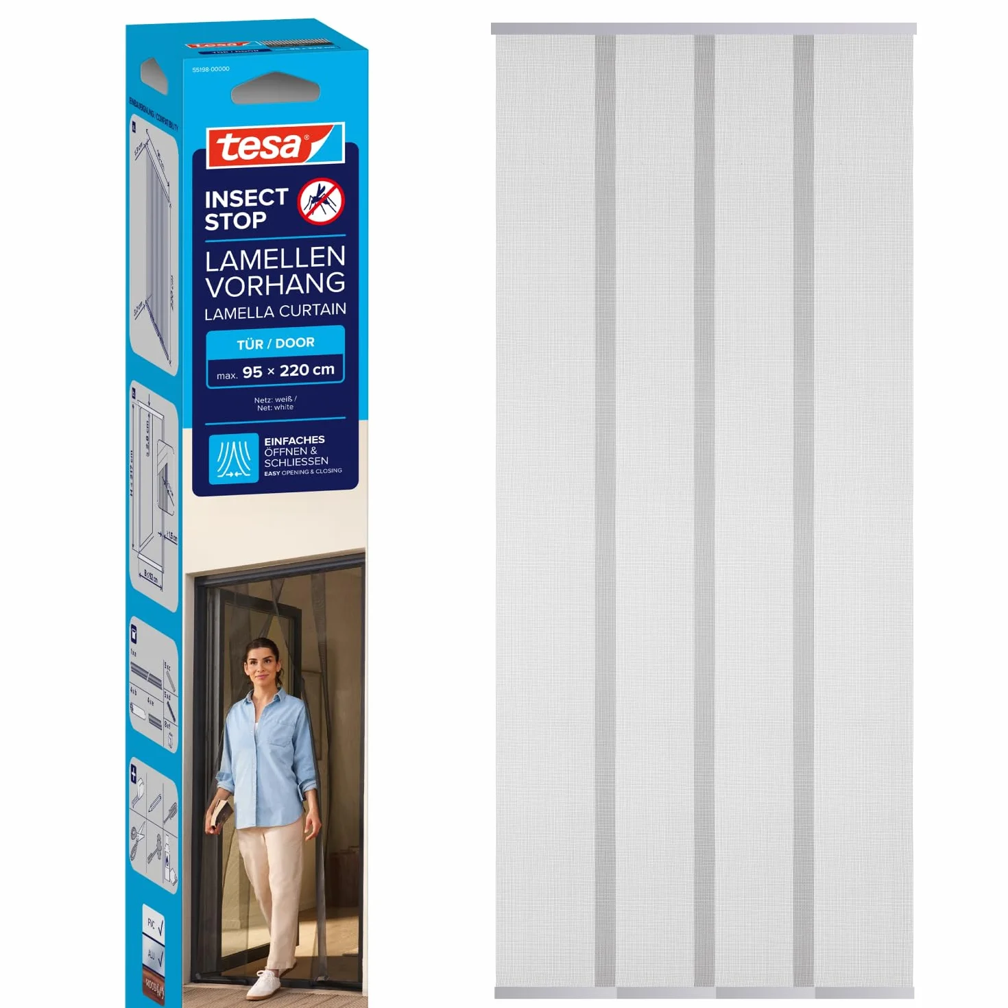 tesa Insect Stop Cortinas STANDARD para Puertas, Mosquitera de 4 Piezas con Cinta Adhesiva de Gancho y Bucle, Sin Necesidad de Taladrar, Blanca, 95 cm x 220 cm