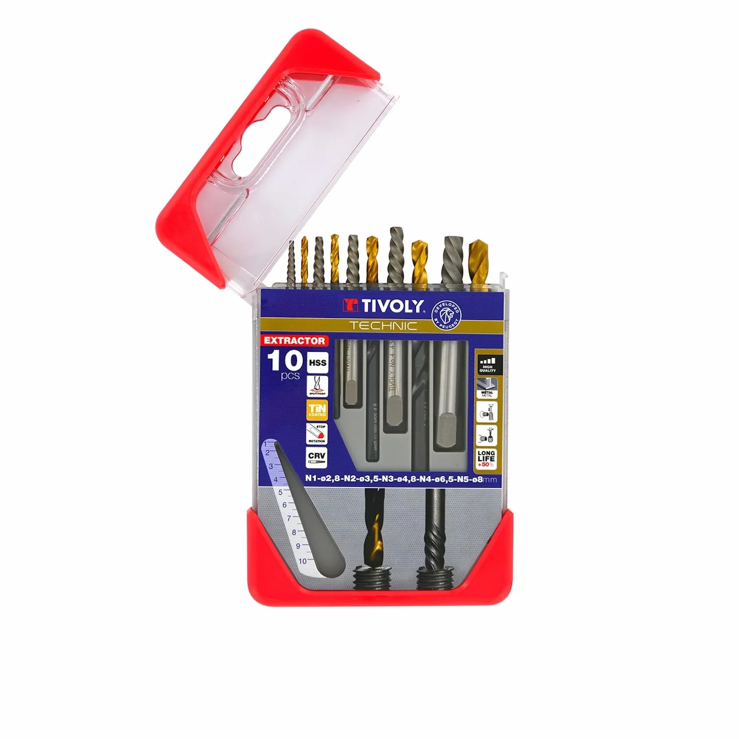 TIVOLY – Juego de brocas para extractor de tornillos rotos + brocas HSS revestimiento TiN – Lote de 5 brocas y 5 extractores N1 Ø 2,5 mm/N2 Ø 3,2 mm/N3 Ø 4,8 mm/N4 Ø 6,5 mm/N°5 Ø 8 mm