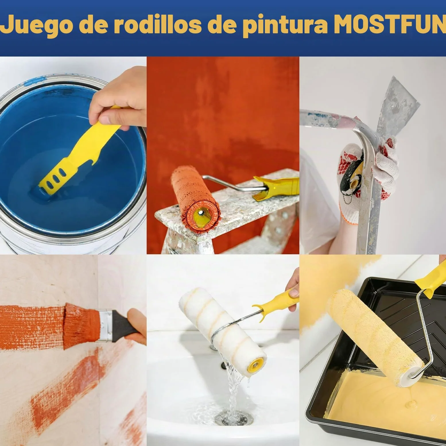 12 Piezas Kit Rodillo Para Pintar Paredes Multifunción, con 3 Barra Telescópica, Bandeja, Rodillos, Marco de Rodillo, Mezclador, Espátula, Brocha Pintura para Pintar Renovar Paredes y Techos