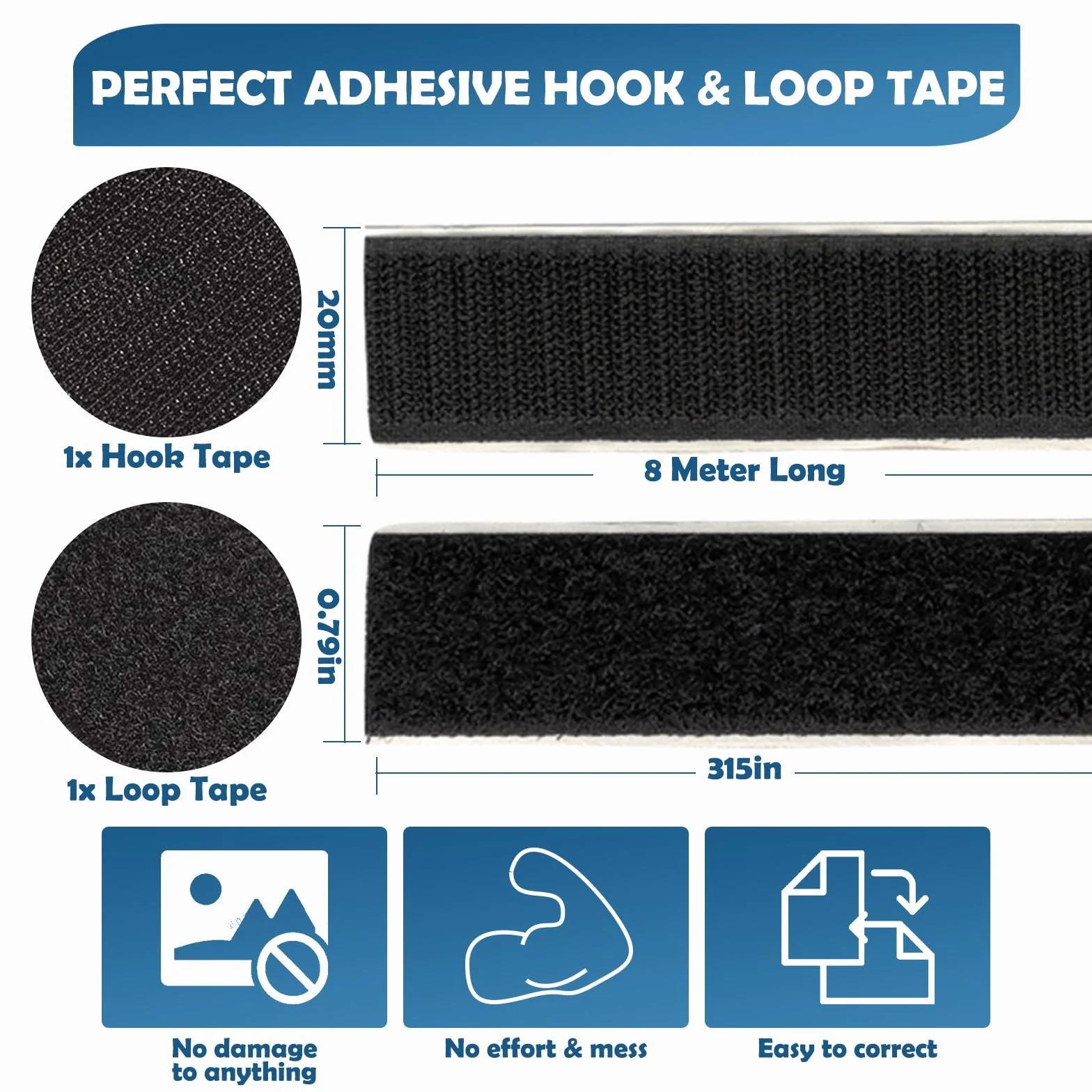 Multifuncional Belcro Adhesivo Doble Cara Fuerte 20 mm x 8 m, Negro Adhesivo Doble Cara Extrafuerte para Interiores y Exteriores, para Casa