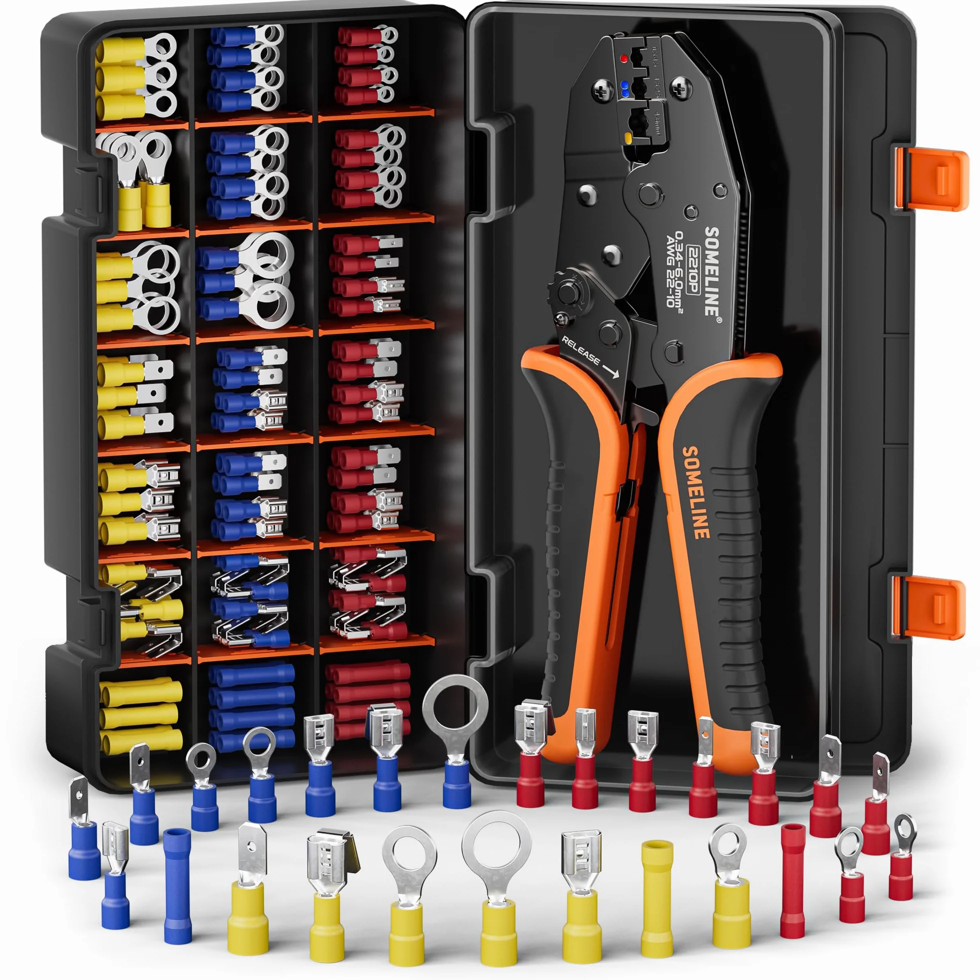 SOMELINE Kit de Crimpadora Terminales Eléctricos, 26 Tipos de Terminales Preaislados, 0,34–6mm² Crimpadora Autoajustable de Trinquete, para Electricista, Automoción y Bricolaje