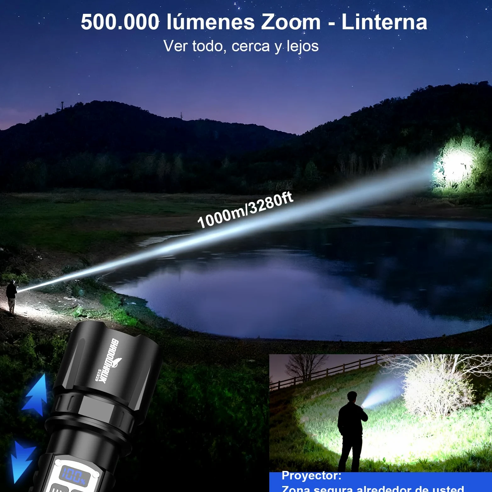 Shadowhawk 2-En-1 Linterna LED Alta Potencia Interruptor Doble 1000000 LM | Ajustar Del Brillo,Linterna Super Potente,Hasta 1000m,Luz Linterna UV para Camping/Emergencias/Detección De Orina De Mascotas