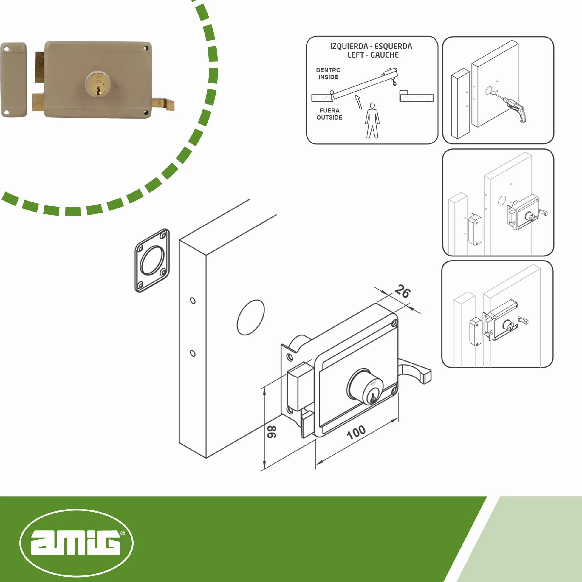 Amig - Cerradura de Sobreponer de Izquierda con palanca de Cierre, Lengüeta y Tirador para Puertas de Madera Mod. 78-120 x 85 mm - Pestillo con Cilindro Redondo de Serreta - Acero Beige