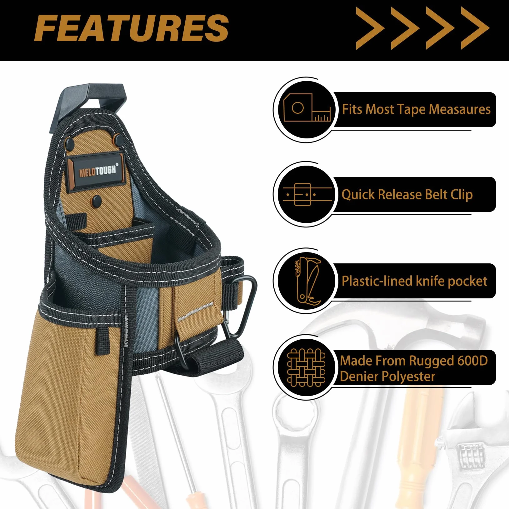 MELOTOUGH Bolsa de cinta métrica/bolsa para cuchillos utilitarios, bolsa para cinturón con clip para cinturón, soporte de bolsillo para cuchillos para electricistas, carpinteros, contratistas