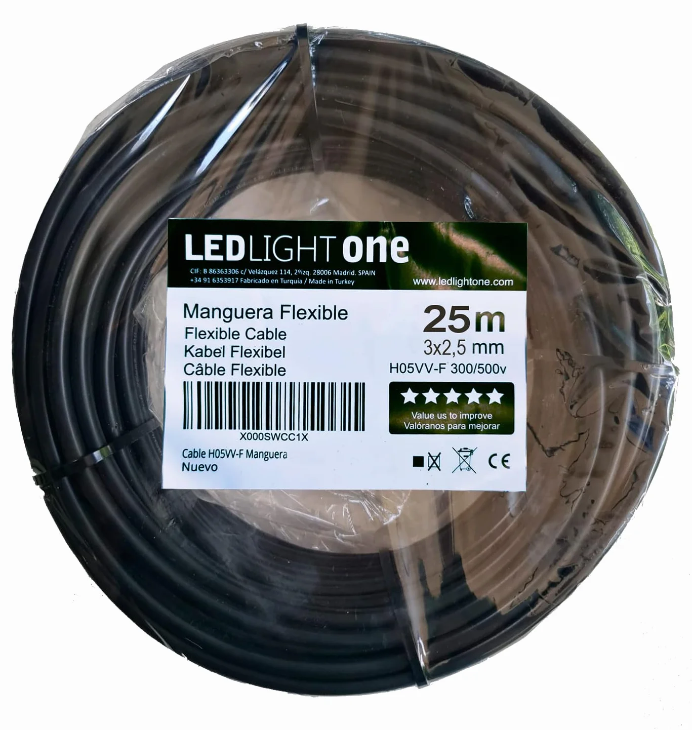 Cable Eléctrico H05VV-F Manguera 3x2,5mm 25m Negro Tensión de Servicio 500v Temperatura Máxima de Trabajo 70º Conductor de Cobre Electrolítico Clase 5 con Cubierta de PVC