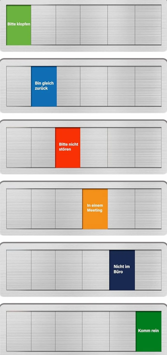 Placas para Puertas de Oficina 6 Modelos: "No Molestar", "En Reunión", "Fuera de la Oficina", "Adelante", "Vuelvo Enseguida", "Por Favor, llame a la Puerta" — Placas con Función Deslizante