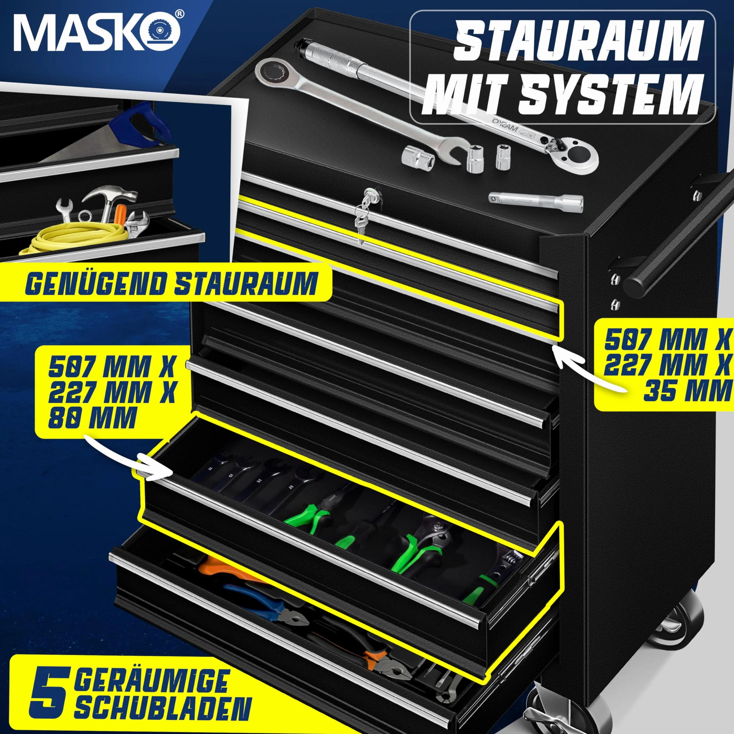 MASKO Carro de Taller 7 Cajones Negro Metal Macizo con Cerradura Móvil Profesional