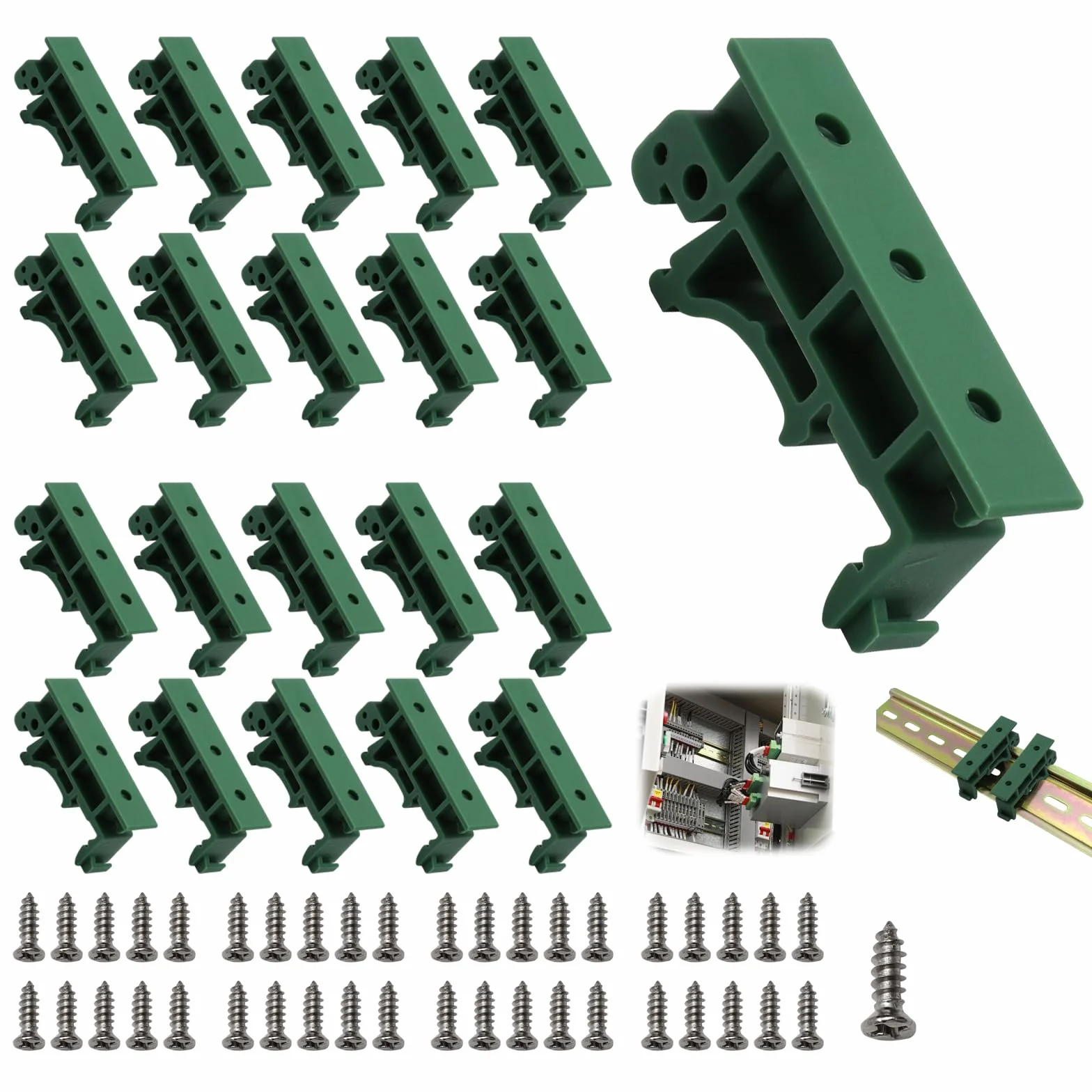 20 Piezas PCB DIN Soporte de Montaje, Verde PCB DIN C45 Adaptador Juego de Adaptadores con 40 Tornillos, Carril DIN Adaptador para Carril de Montaje DIN 45 35 mm PCB Soporte de Montaje