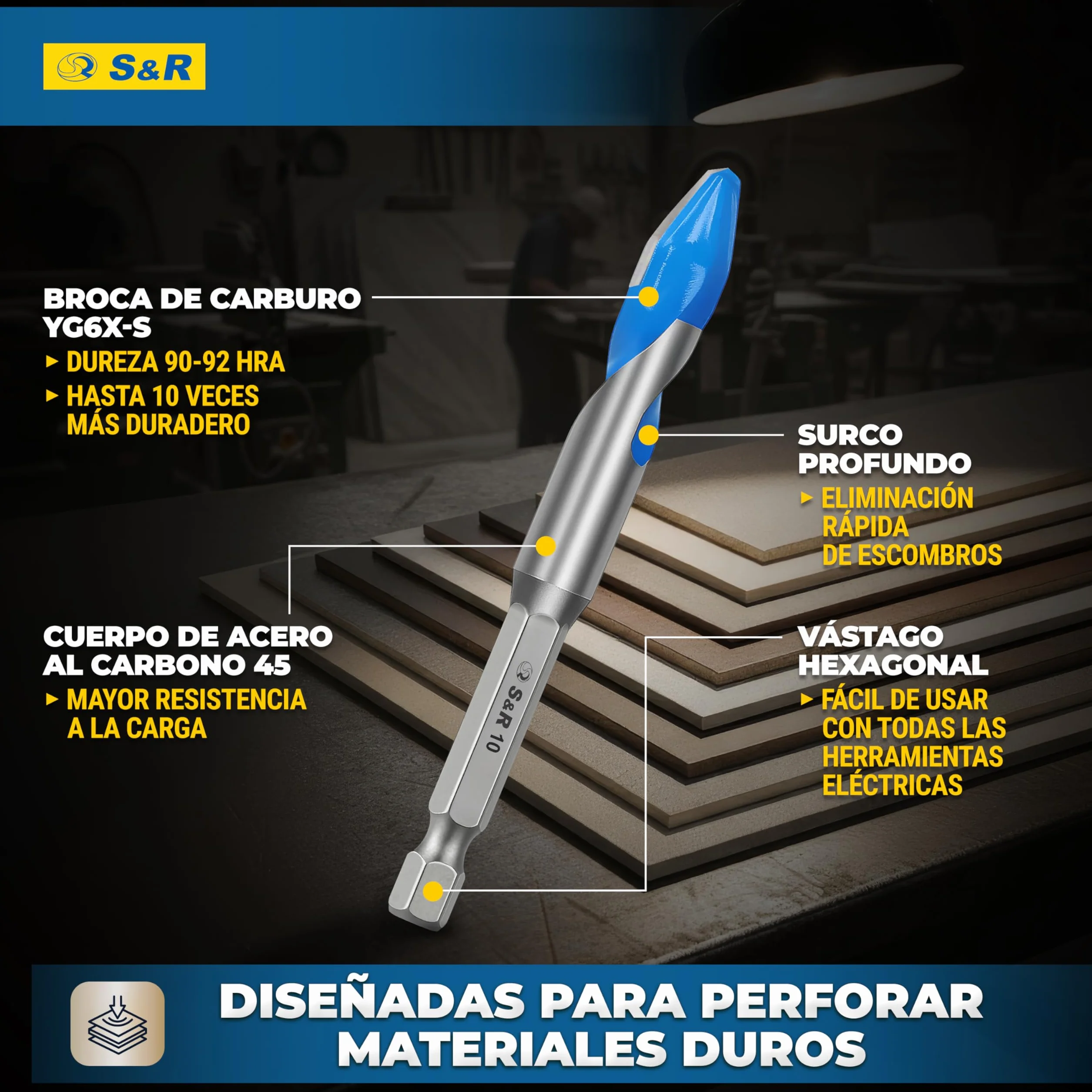 S&R Juego de Broca Azulejos Porcelanico Cerámica dura - Broca 4/5/6/8/10 mm - Broca para Porcelanico Azulejos Céramica Mármol Granito Vidrio. Brocas de Vástago hexagonal de 1/4