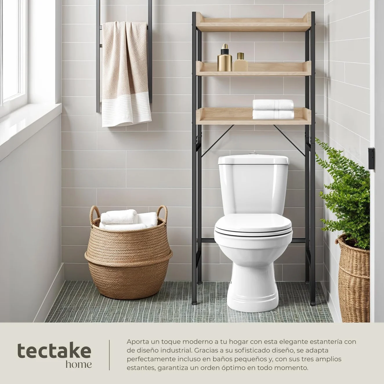 Estanteria baño Estilo Industrial Tres Estantes Compacto Ajustable Antivuelco Montaje Rápido 165,5x25x67cm Madera Roble Sonoma