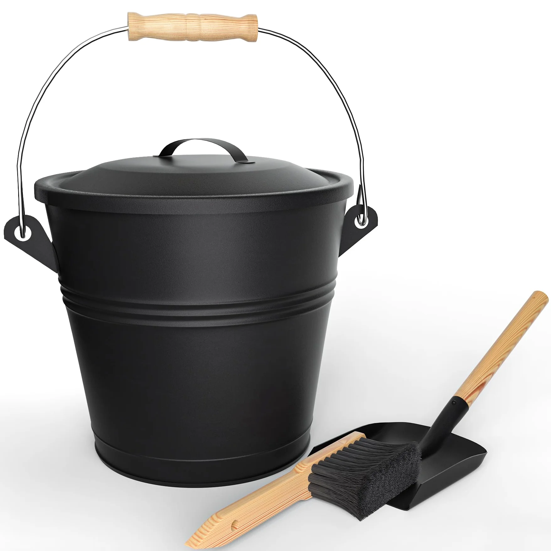 VOUNOT® Cubo Cenizas con Tapa y Set Barrido 5L Contenedor Ceniza con Asa, Pala y Escoba de Mano, Accesorios para Chimenea Estufa, Recipiente con Asas para Carbón y Restos de Leña, Metálico, Negro