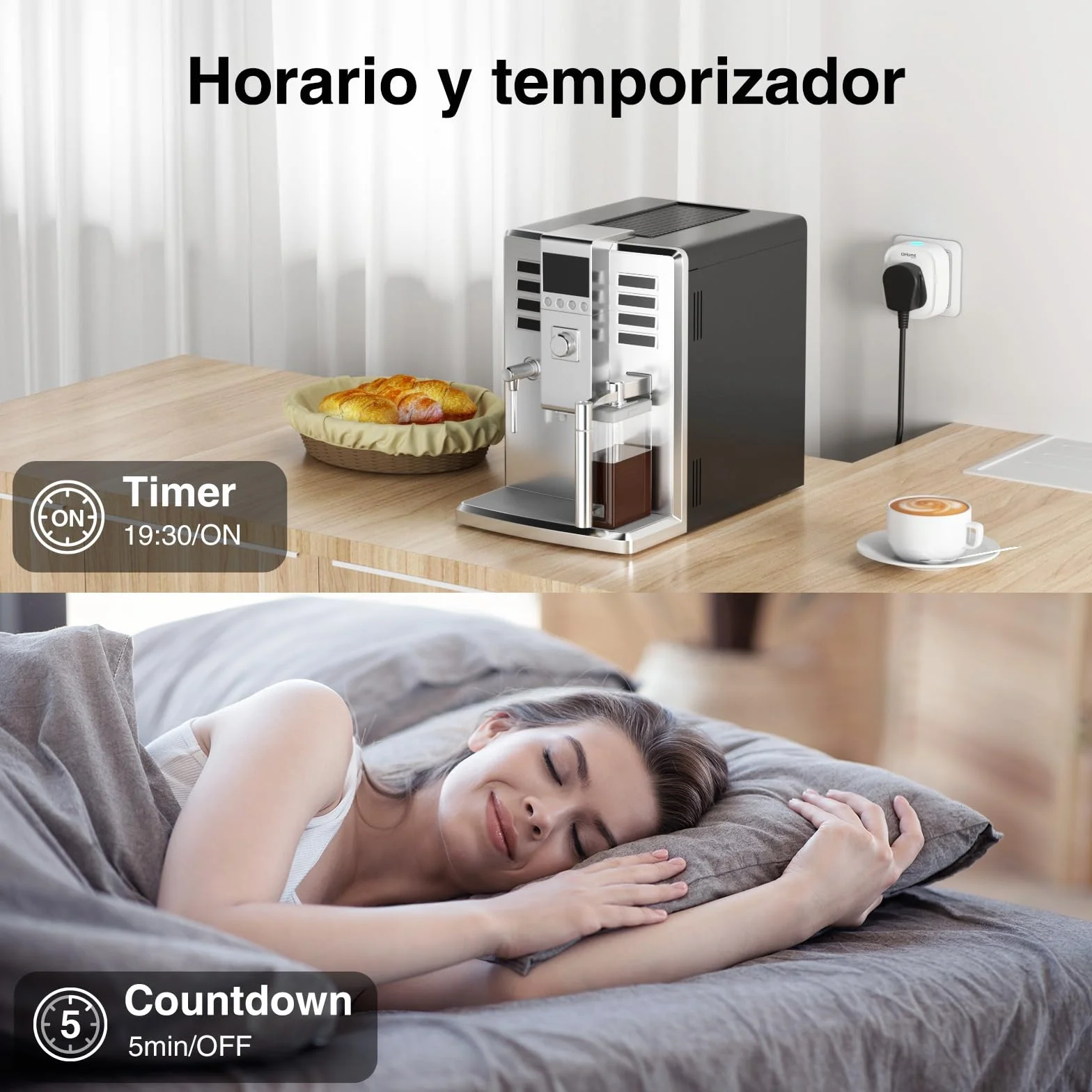 GHome Smart Enchufe Inteligente, 16A Enchufe WiFi Medidor de Consumo, Compatible con Alexa y Google Home, Tomada Inteligente Programable con Temporizador, Control por Voz y APP, 3680W,Solo 2.4GHz WiFi