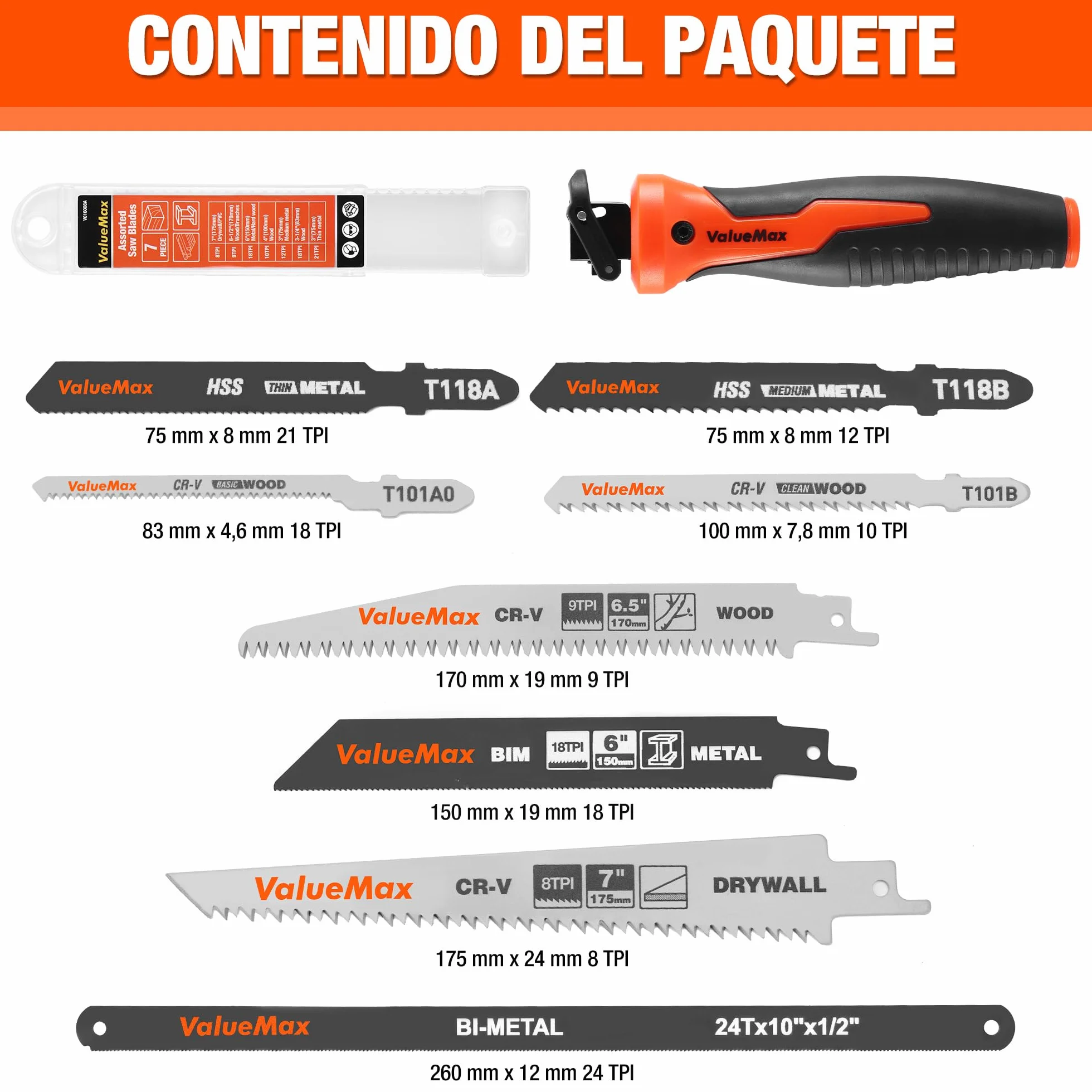 ValueMax Sierra de Mano Multifunción 8 en 1 con 8 Hojas de Sierra, Mango Ergonómico, Estructura Segura, Para Cortar Madera, Metal, Yeso, Paneles de Yeso y Más