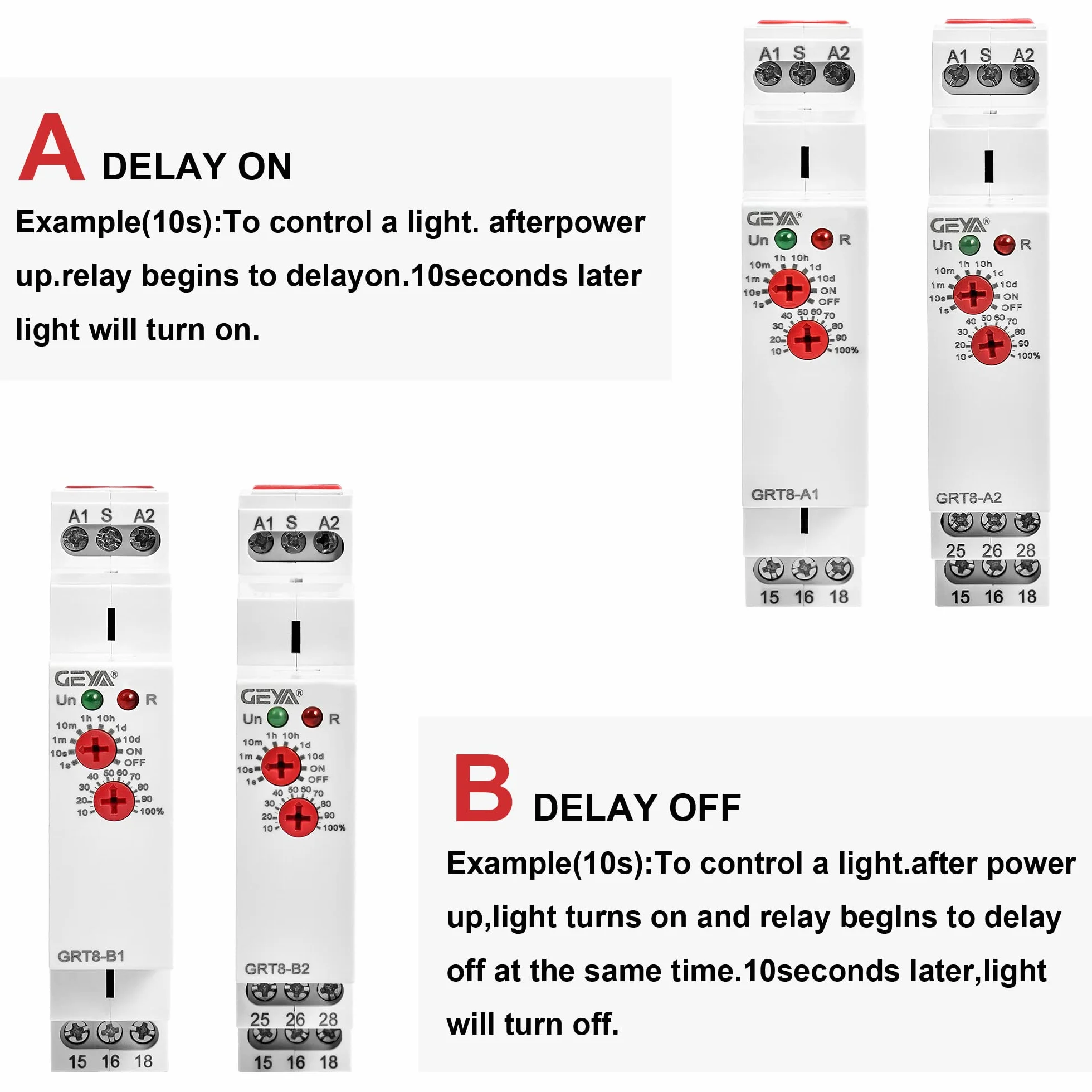 GEYA Retraso encendido Relé de tiempo de función única 2Contactos 16A electrónico Retardo encendido temporizador relé (GRT8-A2,AC/DC12V-240V)