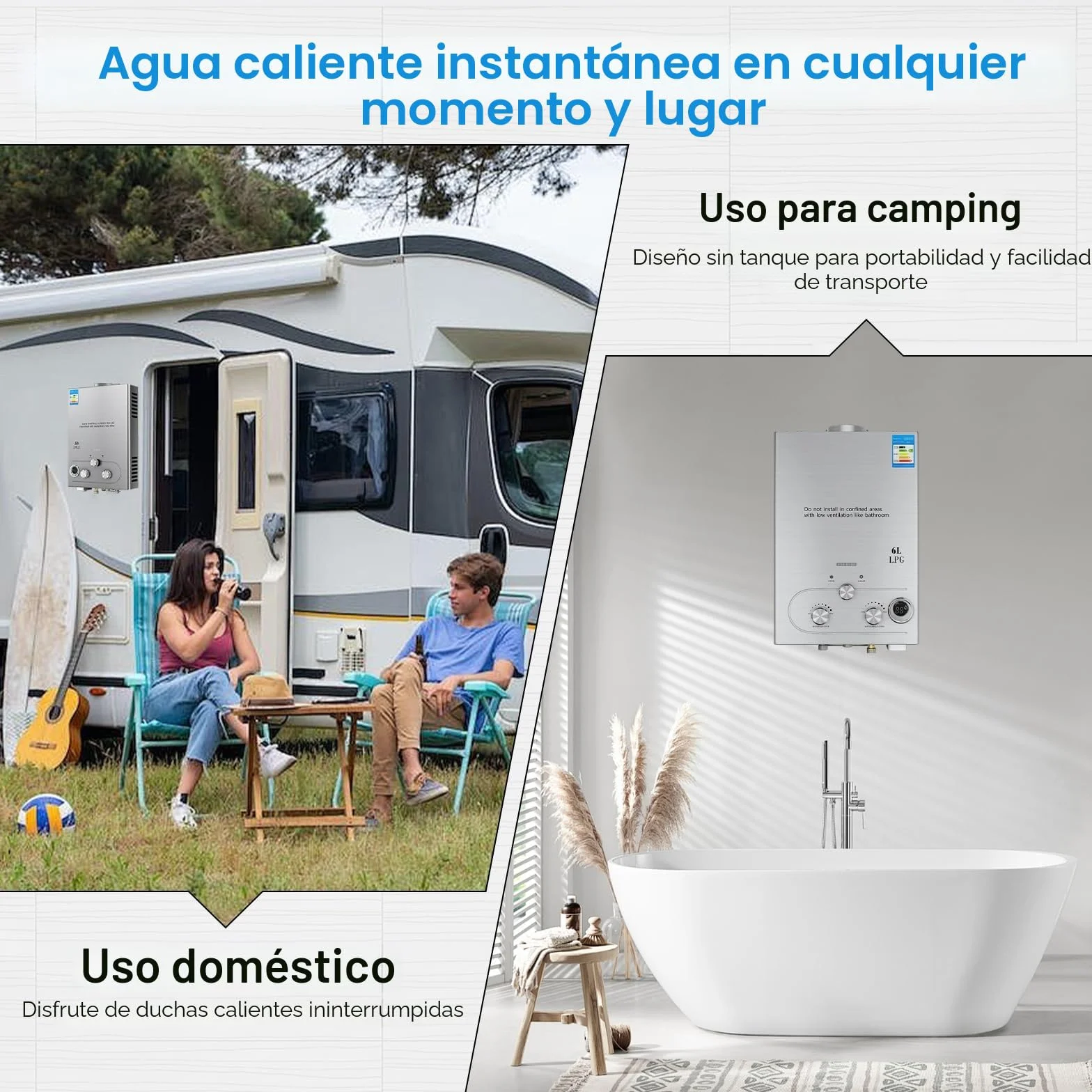 Calentador de agua a gas propano GPL 6L 16kw, modo invierno-verano, instantáneo sin depósito, kit ducha para camping RV casa