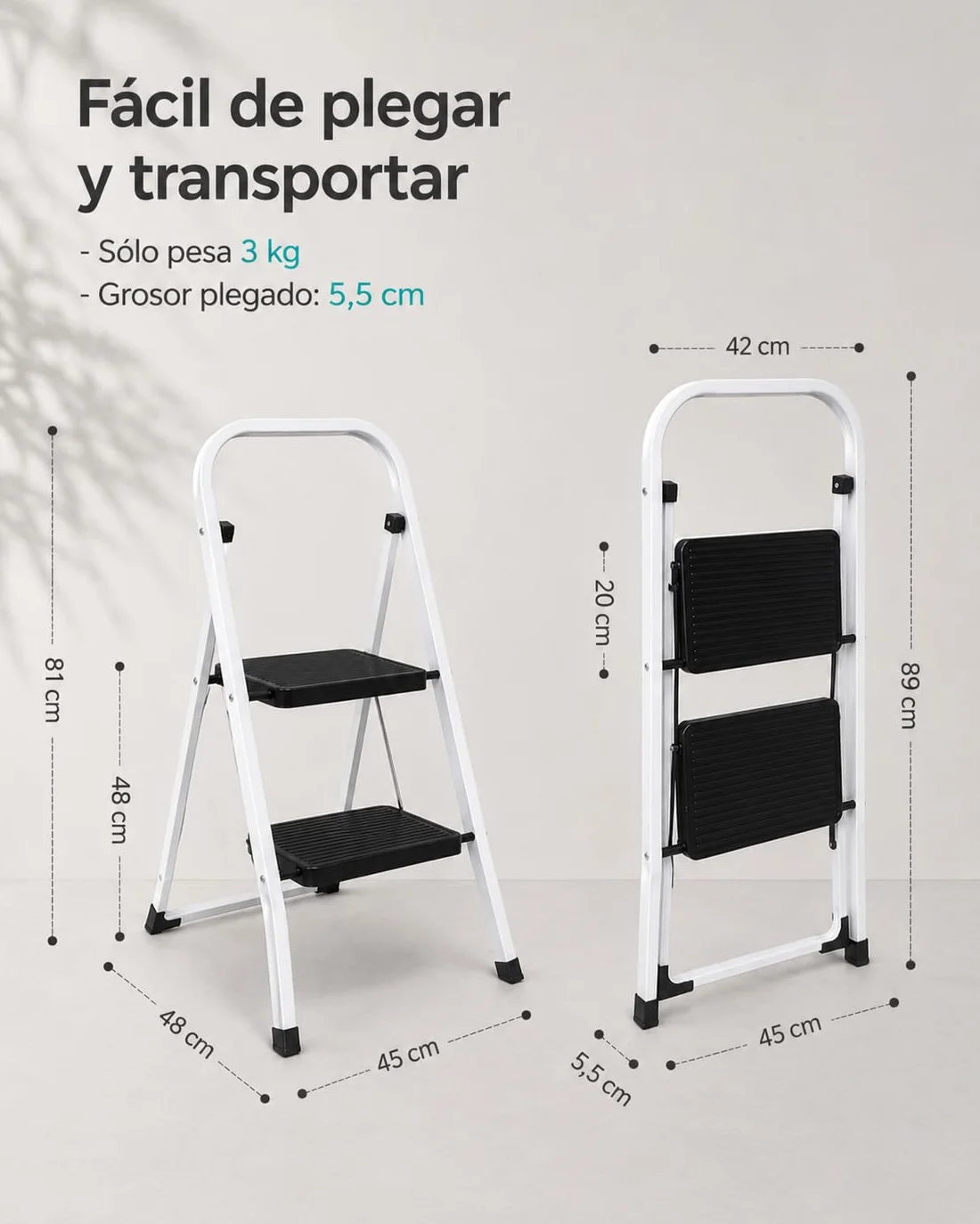 Escalera Plegable de Metal Domestica, Taburete Plegable peldaño Extra Ancho y con Apoyabrazos Carga hasta 150 KG, (2p Blanca)