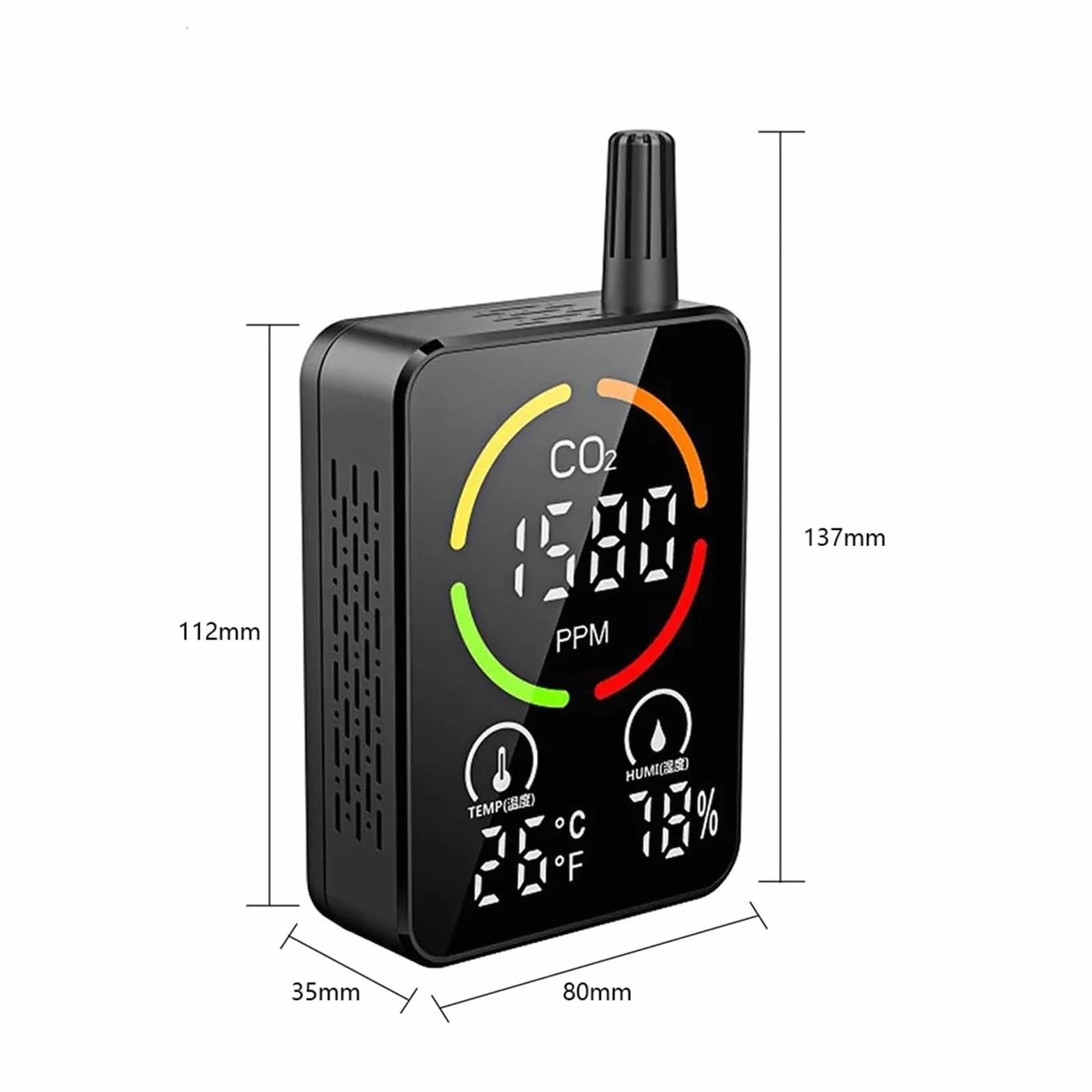 Detector de CO2 Monitor calidad del aire Medidor Temperatura Humedad Sensor NDIR dióxido carbono Probador concentración con alarma Para uso de bricolaje(Black)