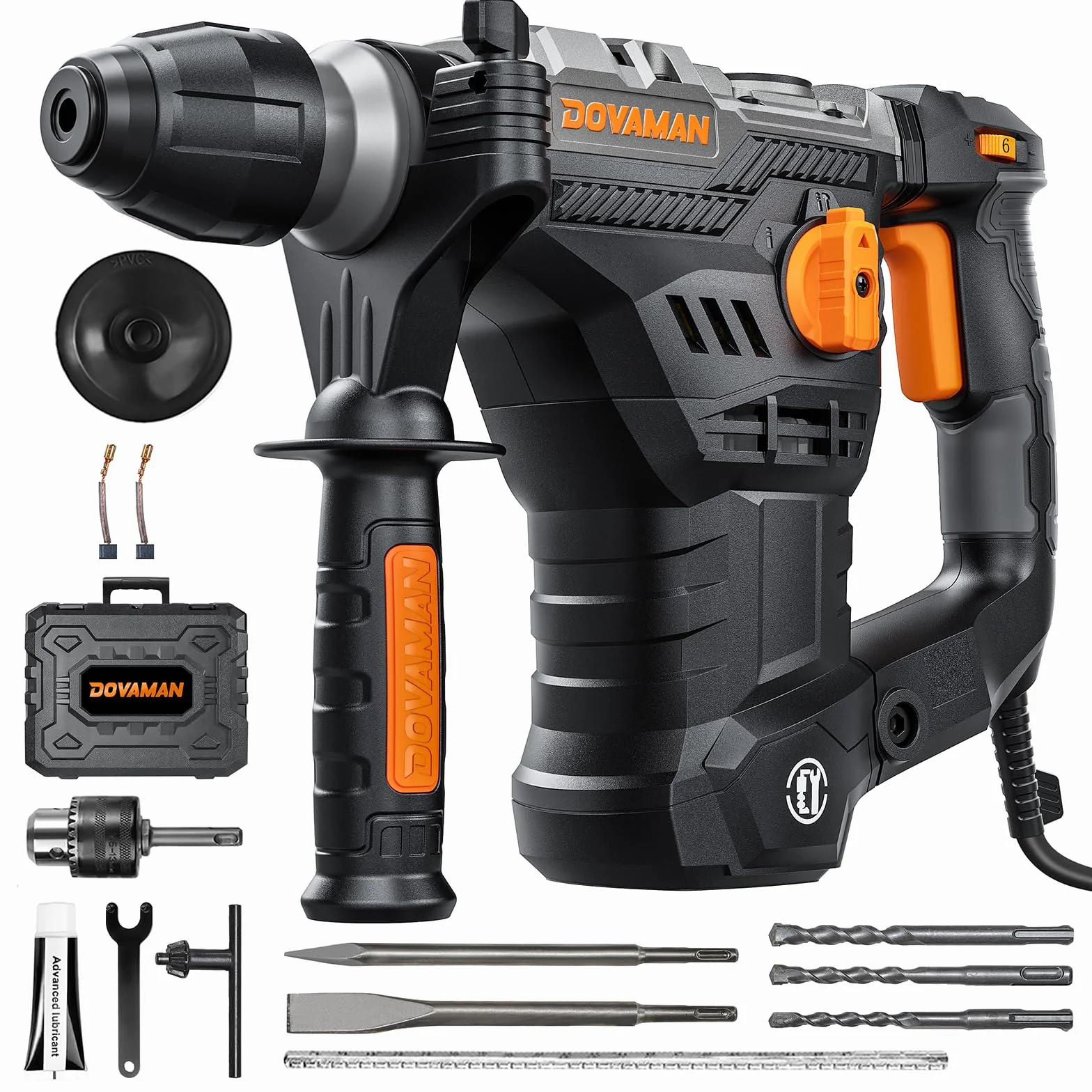 DOVAMAN RH15A Martillo Perforador SDS-Plus 1500W, 7J, 4 Funciones, 900 rpm, 4350 golp/min, Sistema Antivibración, Embrague de Seguridad, con Brocas y Cinceles, para Hormigón y Pared, con Maletín