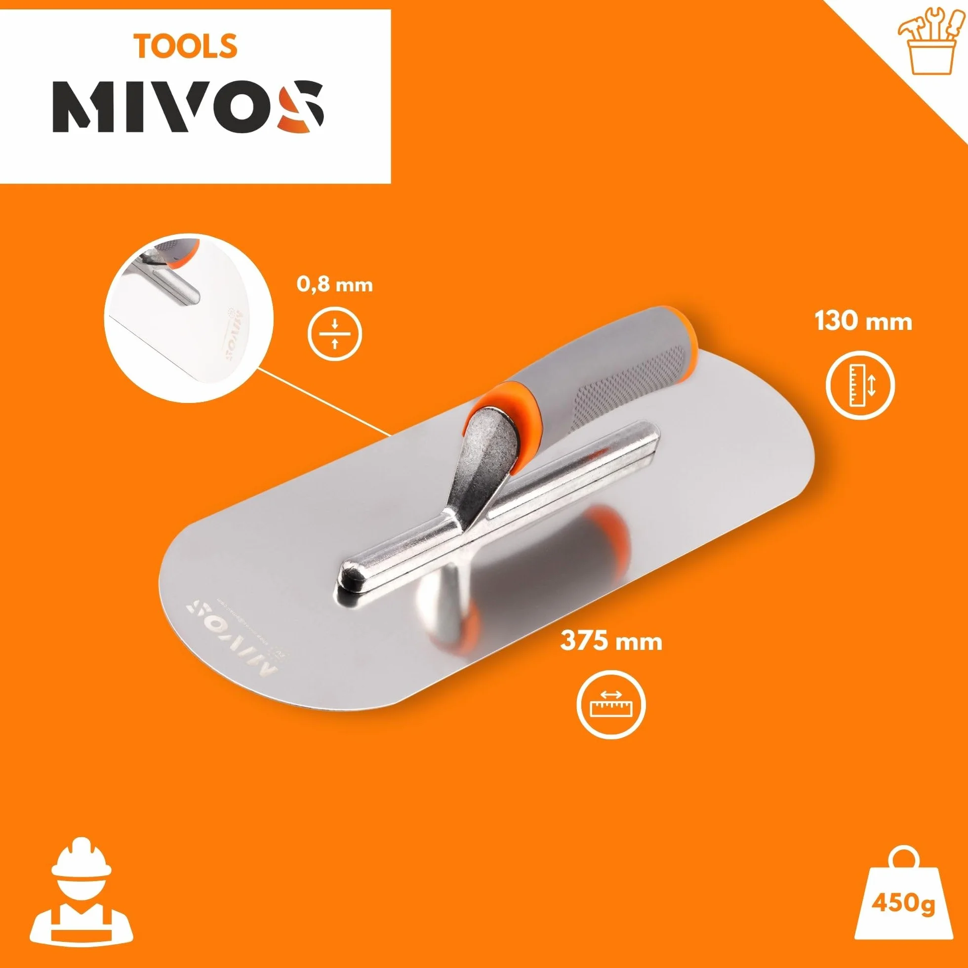 MIVOS Llana Alisadora de Acero Inoxidable - 375 x 130 mm - Media Caña - Empuñadura Blanda Ergonómica - Placa Alisadora para Enlucido Y Albañilería - Disco Alisador - MADE IN EU