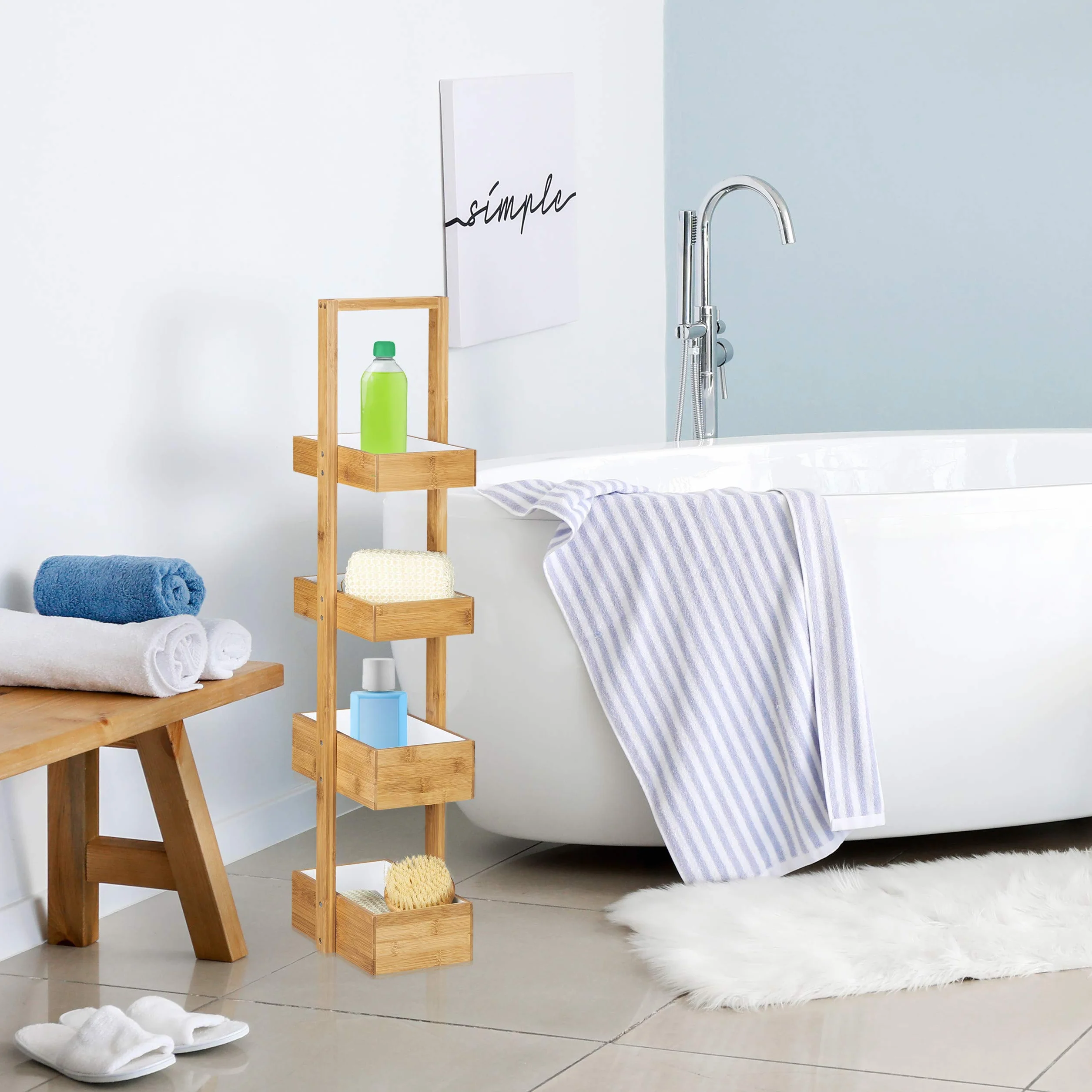 Relaxdays Estantería Colgante Bambú 4 Bandejas Ducha Baño 88,5 x 25,5 x 18,5 cm Natural