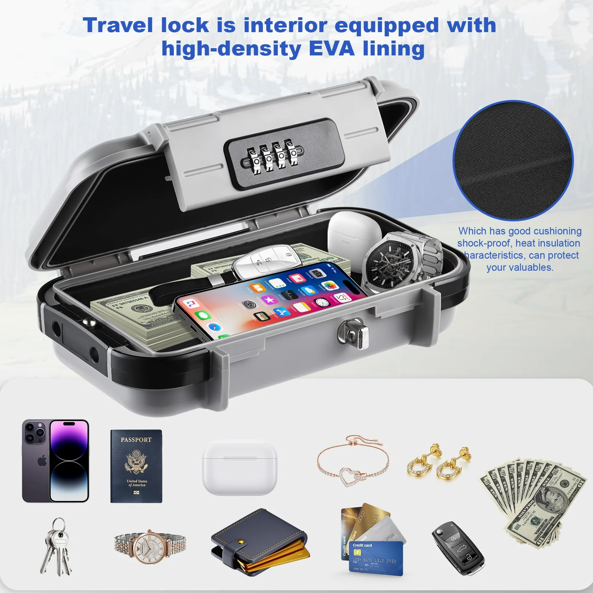 Caja de seguridad portátil con código, resistente al agua y antirrobo, caja fuerte de viaje con combinación de seguridad con cable metálico extraíble, para playa, coche, oficina, vacaciones