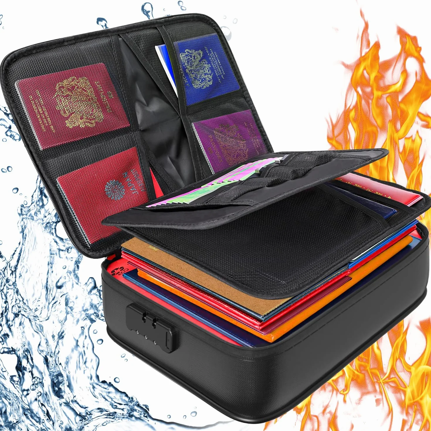QNIGLO Caja Fuerte Ignífuga con Cerradura, bolsa organizador impermeable, Tarjeta, Certificado Importante con Bolsa Organizadora de Varias capas, bolsa de documentos para el hogar oficina viajes