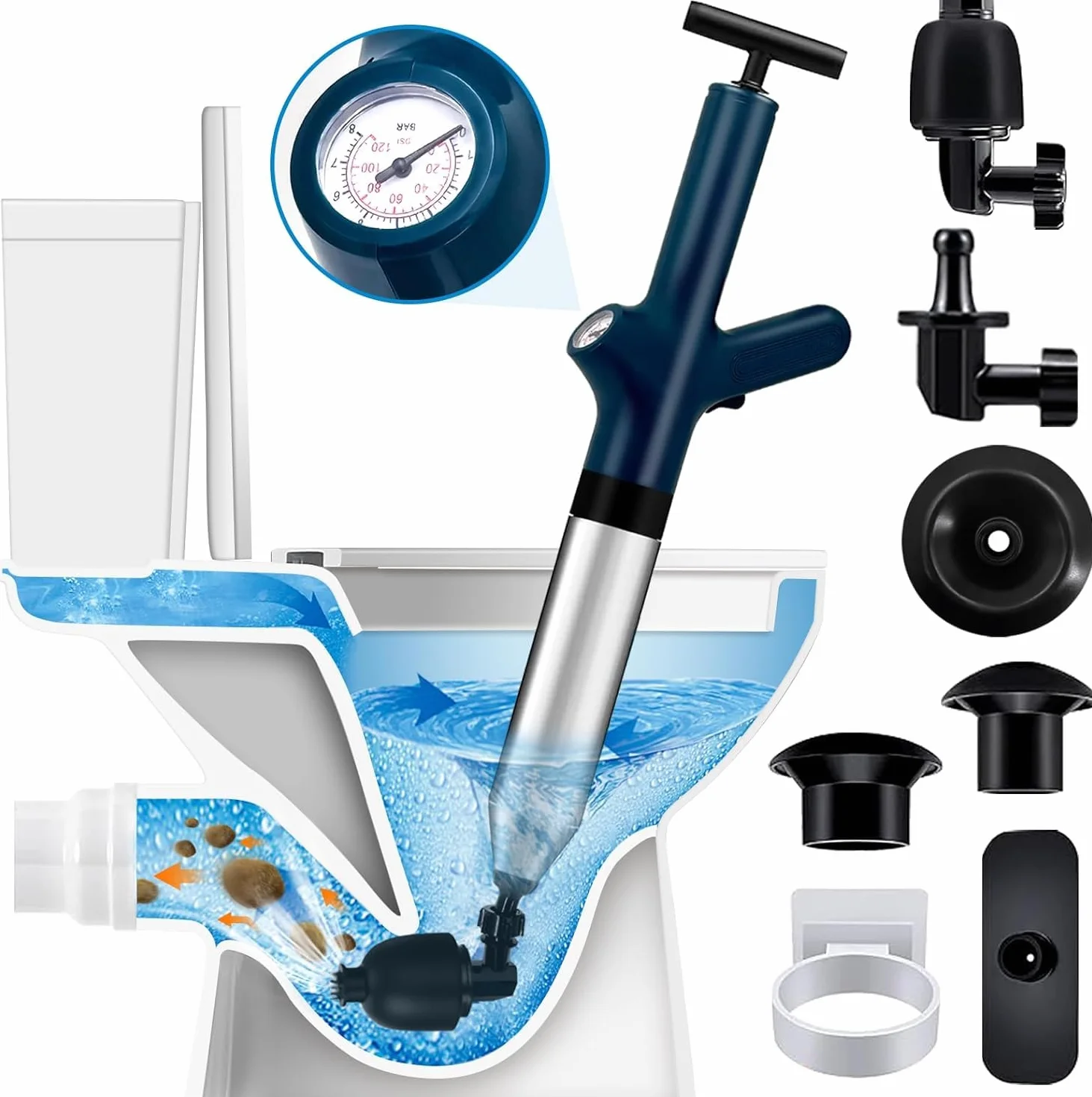 Kit de limpieza de tuberías de aire comprimido 5 en 1 – Bomba desatascadora de desagües con cuerpo de acero inoxidable 304, indicador de presión de aire y 8 accesorios – Inodoro para inodoro