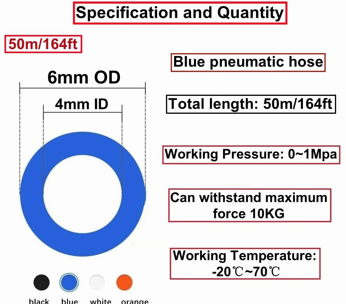 50 Metros Manguera Neumática 6mm OD/4mm ID,Azul Tubo Compresor Aire.Poliuretano PU Manguera de Aire Tubo Kit para la línea de aire o tubería de transferencia de fluidos