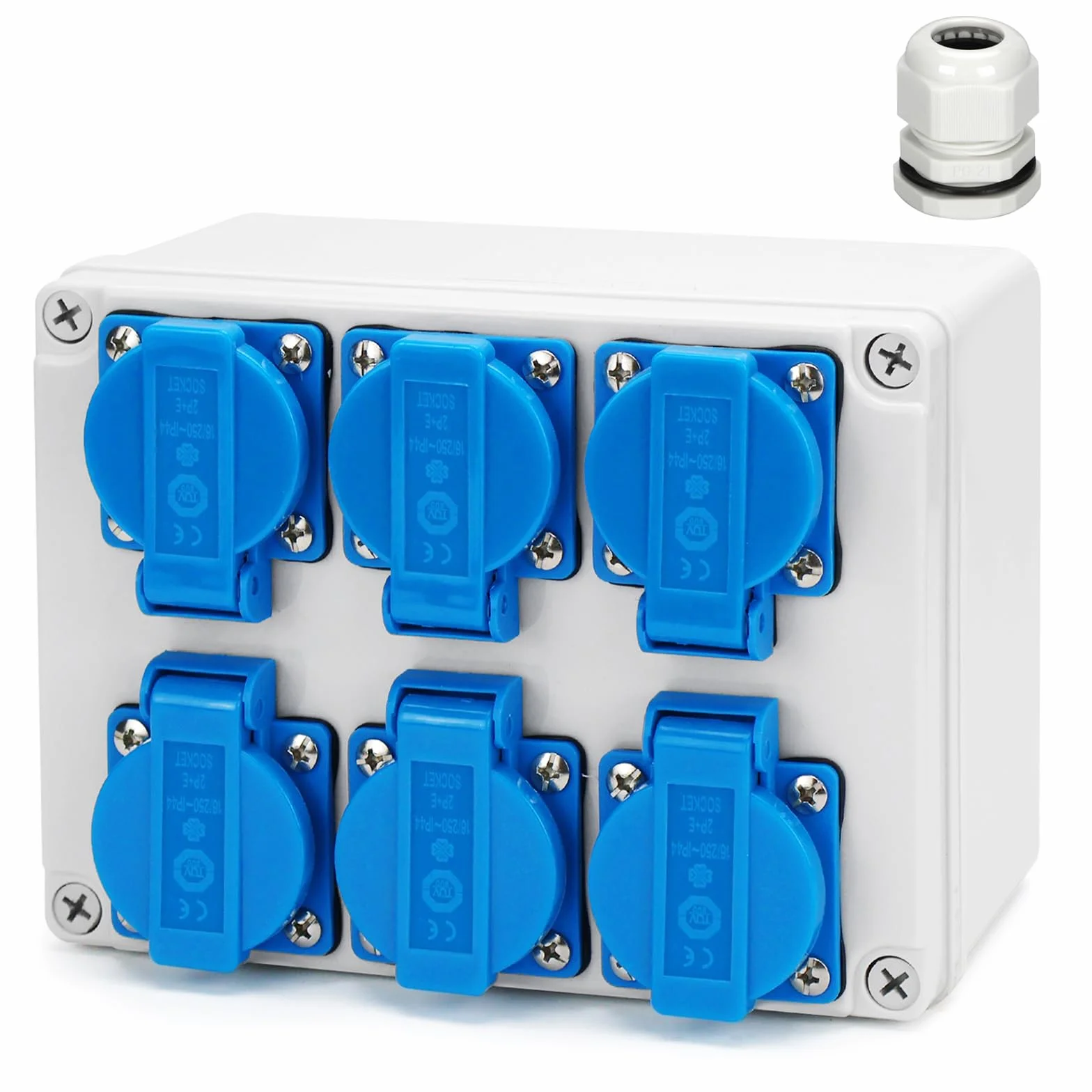 Distribuidor de corriente para construcción, distribuidor de pared, 16 A, 6 x 230 V, IP65, caja de distribución exterior, resistente al agua, caja de distribución de electricidad, caja de distribución