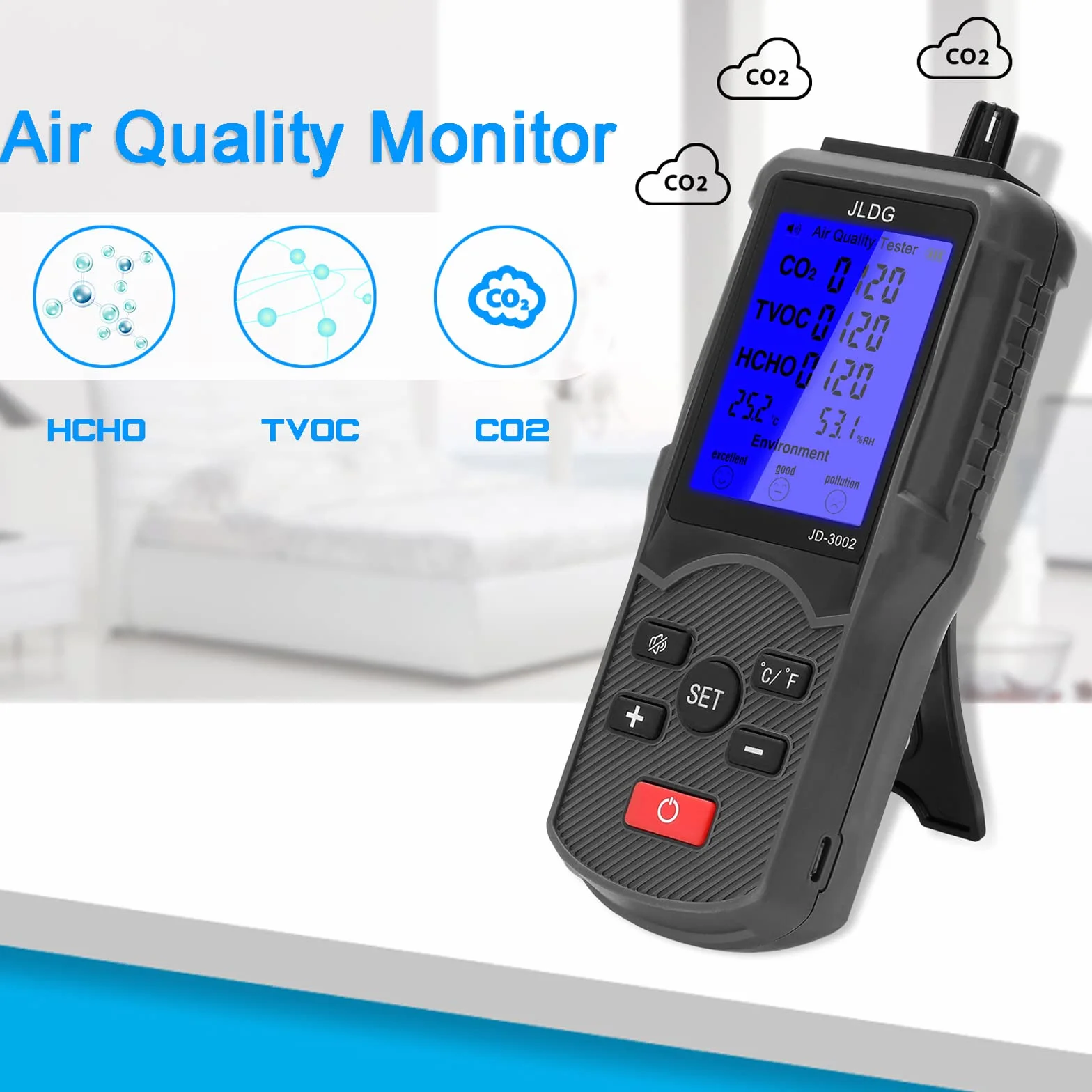 Hancaner Medidor de co2 Homologado 5 en 1 Medidor de Calidad del Aire TVOC HCHO Temperatura y Humedad Detector de CO2 con Pantalla LCD + 1 * 1800 mAh Batería de Litio + Cable USB +Caja de Embalaje