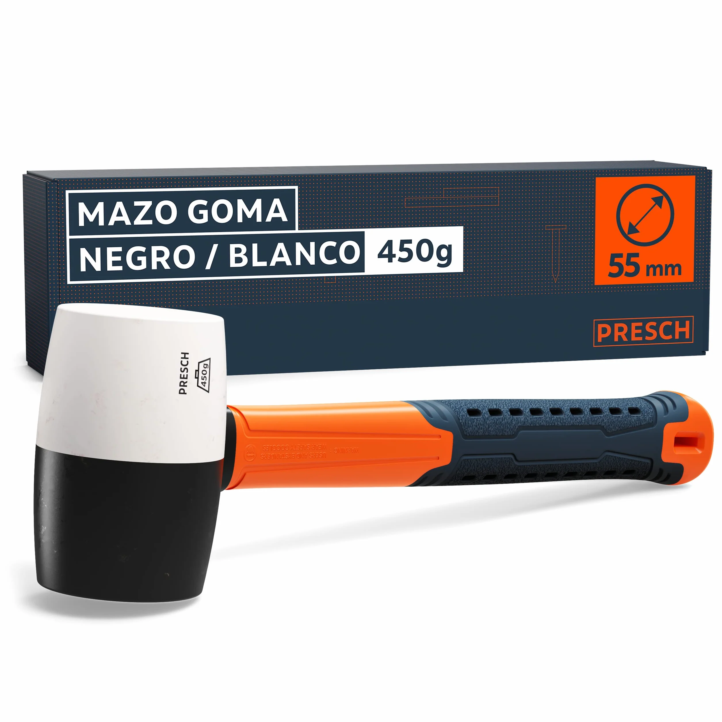 Presch Mazo de goma negro/blanco 450g - Martillo de goma dura con mango de fibra de vidrio | ⌀=55mm - Mazo de caucho polivalente para muchos usos