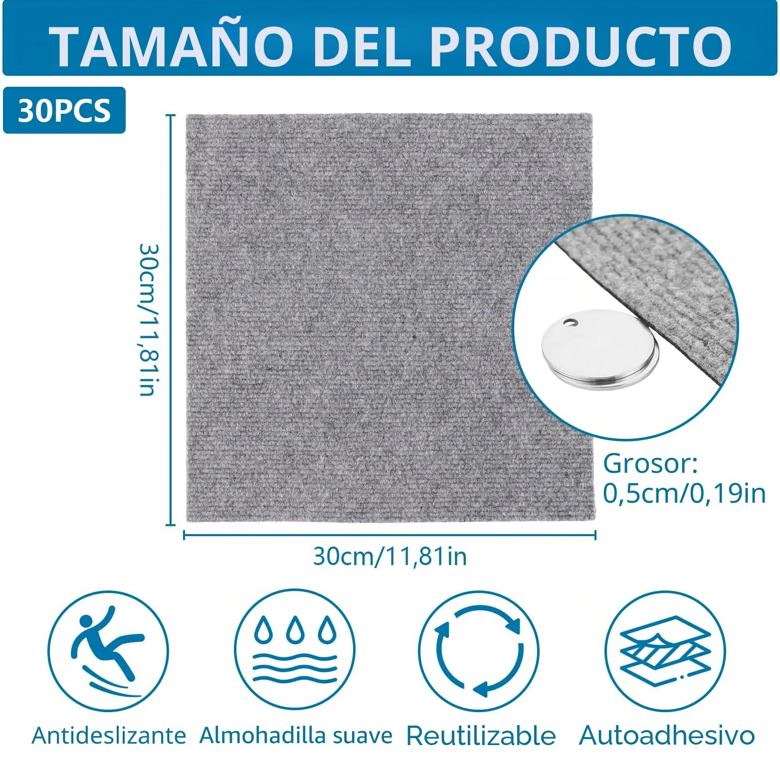 30 piezas baldosas de moqueta 30x30 cm, baldosas de moqueta autoadhesivas, moqueta, baldosas de moqueta, baldosas de moqueta autoportantes para oficina, salón, balcón (gris claro)