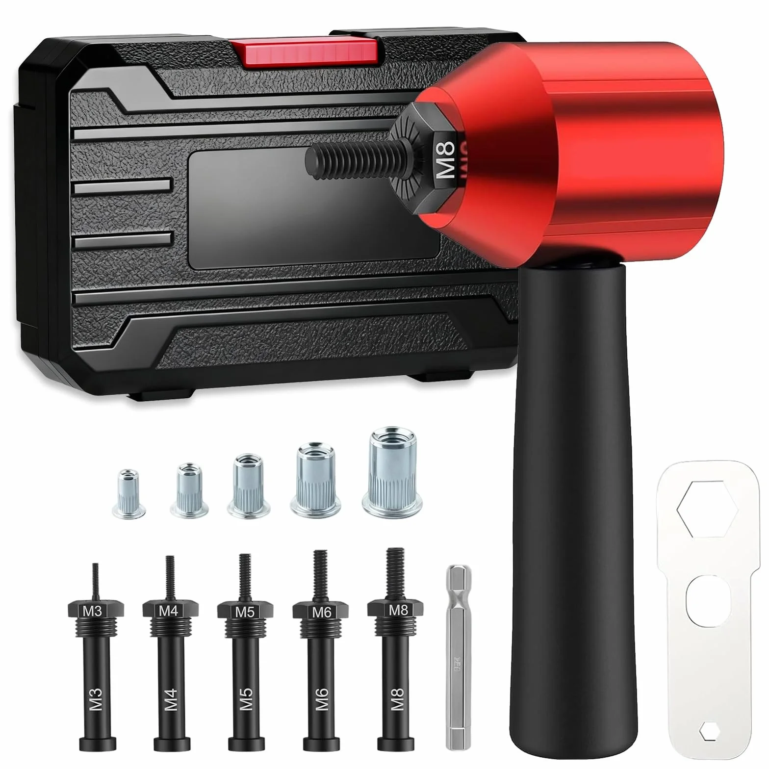 Remachadora de Tuercas 26PCS, Remachadora para Taladro de Acero Aleado, Adaptador de Tuercas Remachables para M3-M8, Herramienta de Montaje para Muebles, Automóviles e Instrumentos